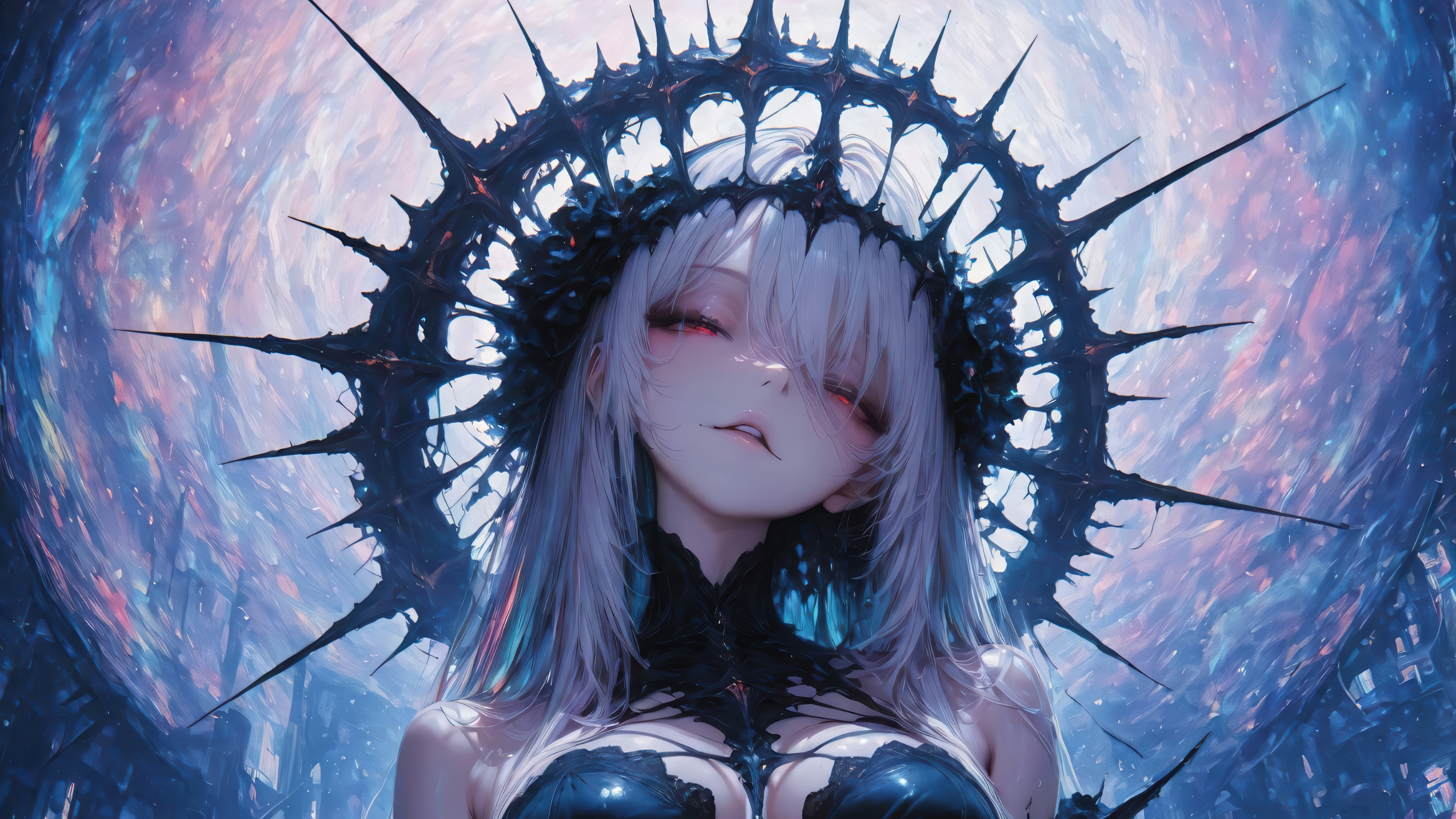 Anime Girl with White Hair and Spiky Crown HD Wallpaper