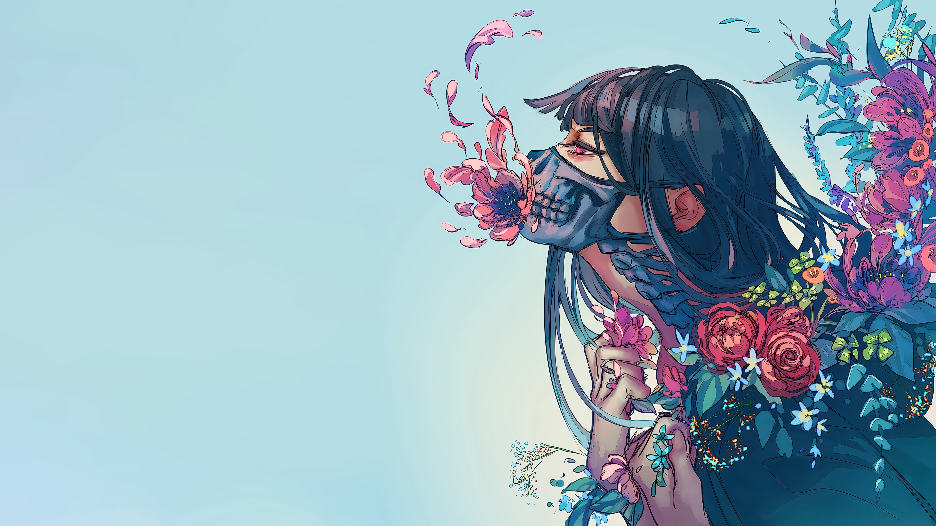 Anime Girl with Skull Mask and Flowers 4K HD Wallpaper