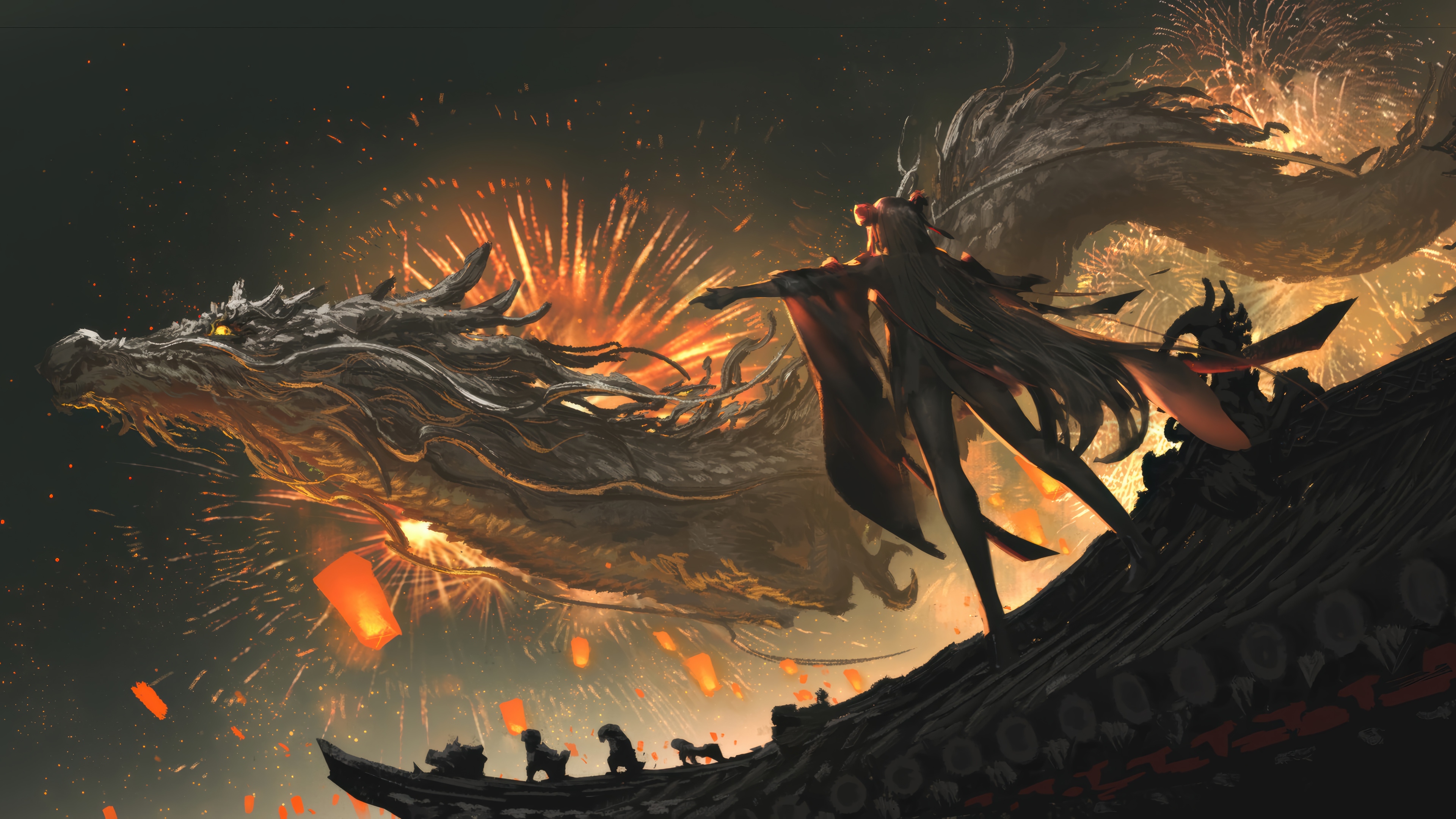 Girl and Dragon with Fireworks 4K HD Wallpaper