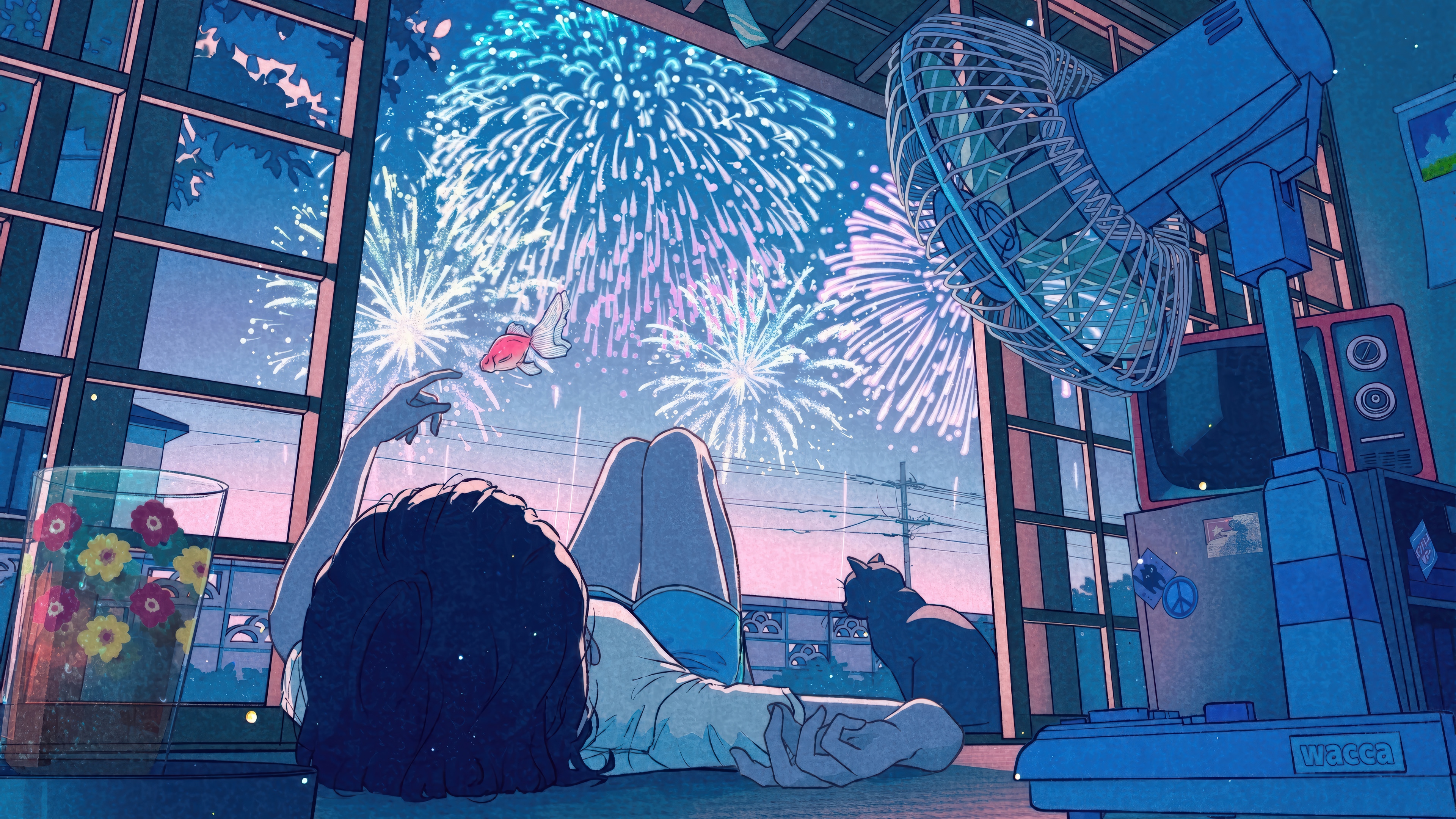 Anime Girl Watching Fireworks with Cat HD Wallpaper