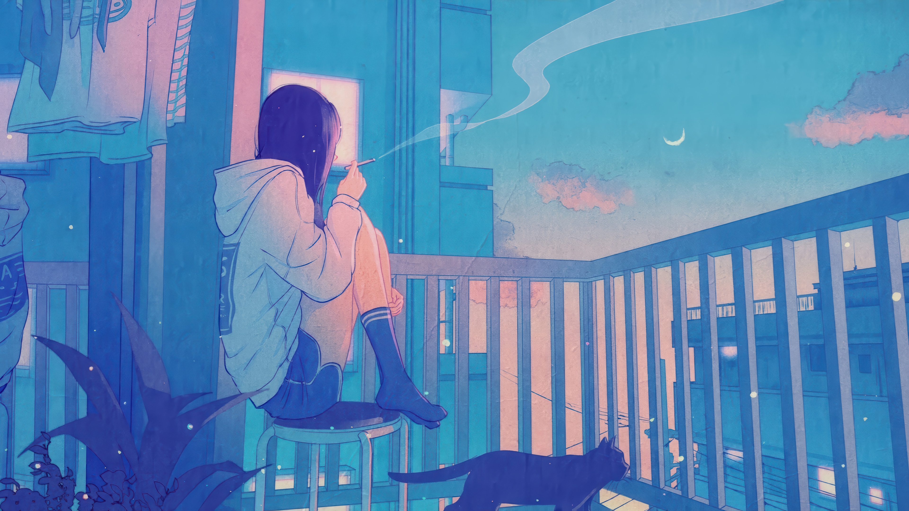 Anime Girl Smoking on Balcony with Black Cat 4K HD Wallpaper