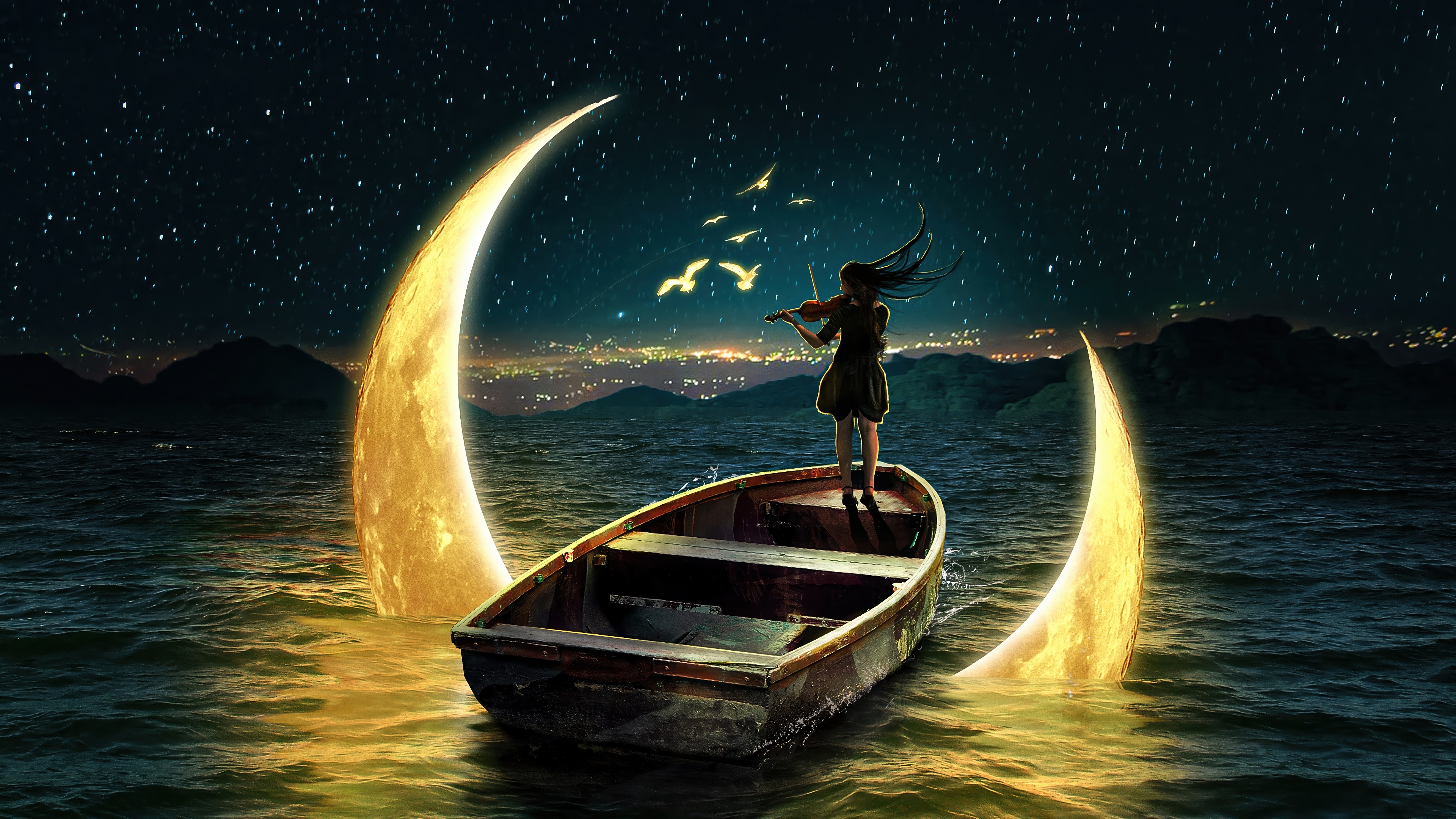 Girl playing violin in boat under crescent moon 4K HD Wallpaper