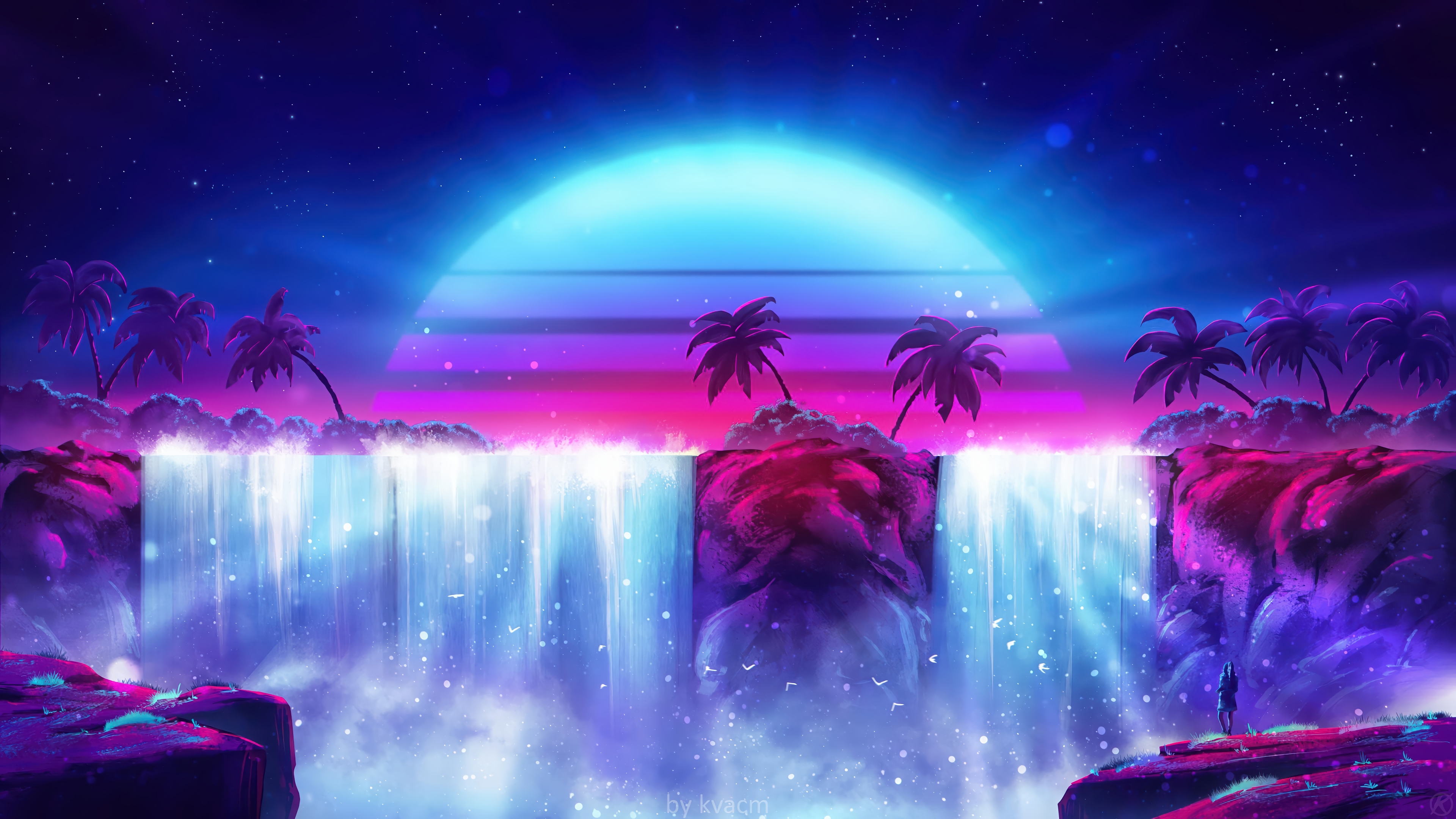 Retrowave Waterfalls with Palm Trees and a Large Sun HD Wallpaper