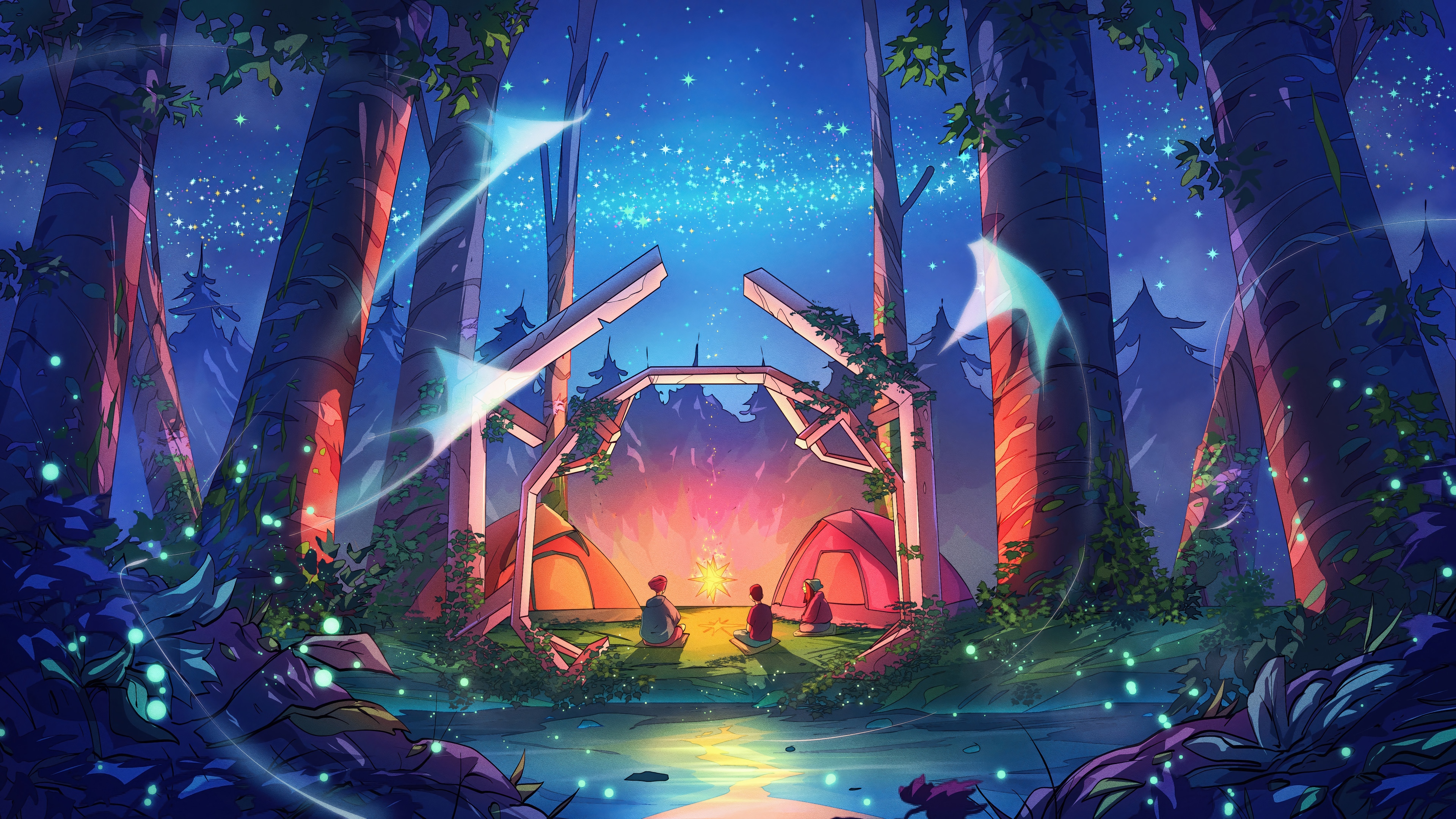 Night Camping in a Starry Forest HD Wallpaper