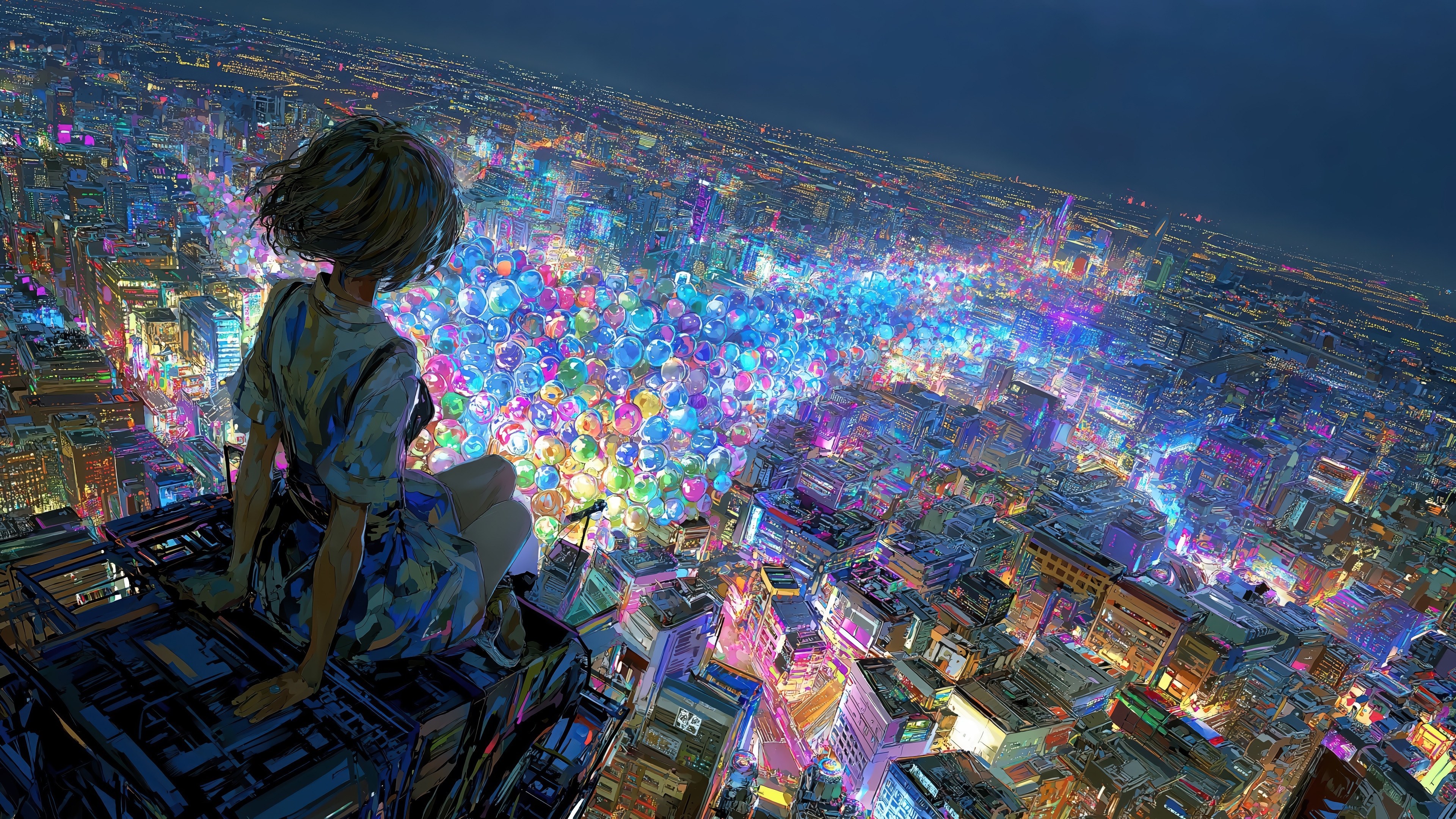 Anime Girl Sitting on Building Overlooking Colorful Cityscape at Night 4K HD Wallpaper