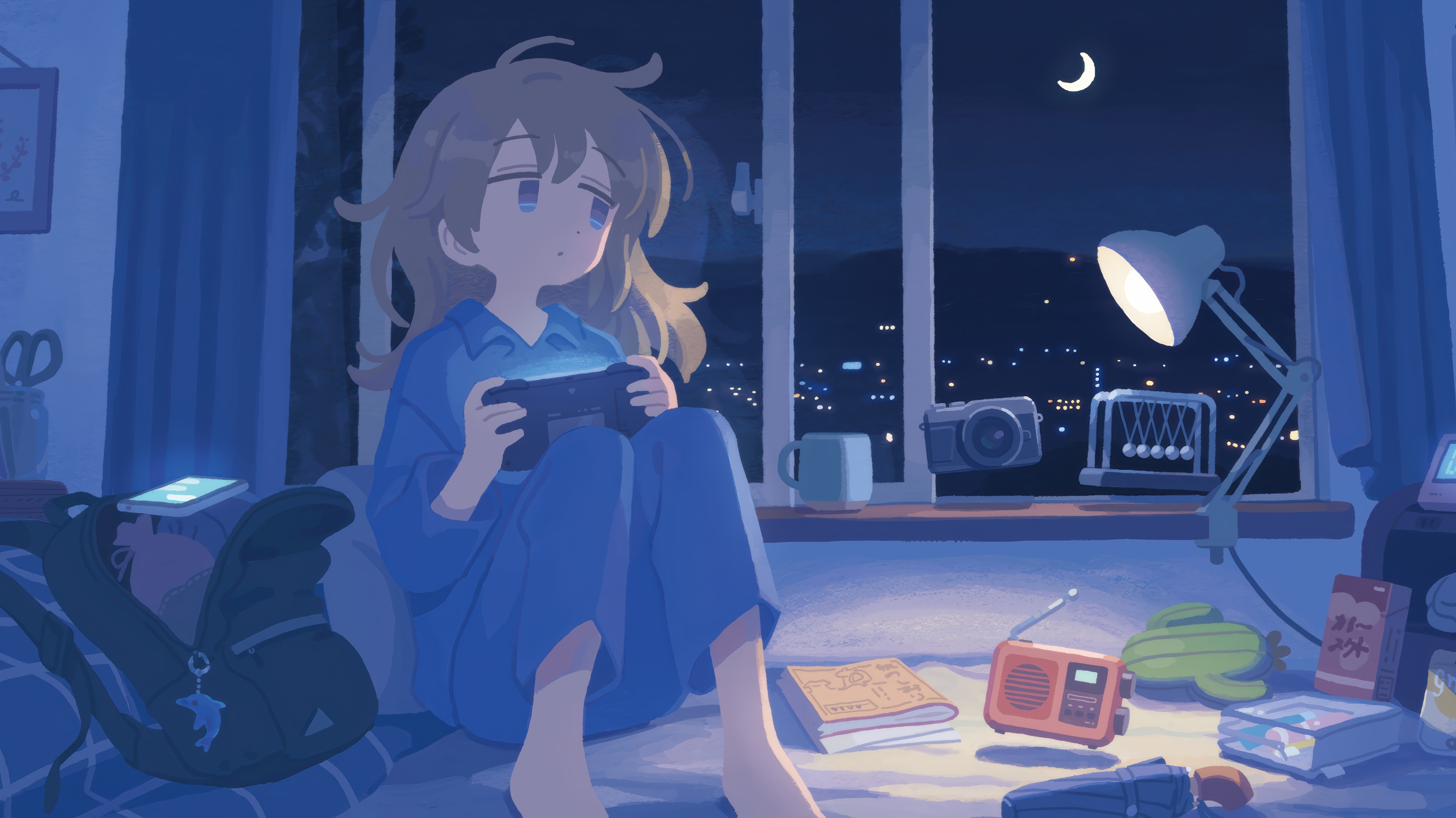 Anime Girl Playing Video Games at Night HD Wallpaper