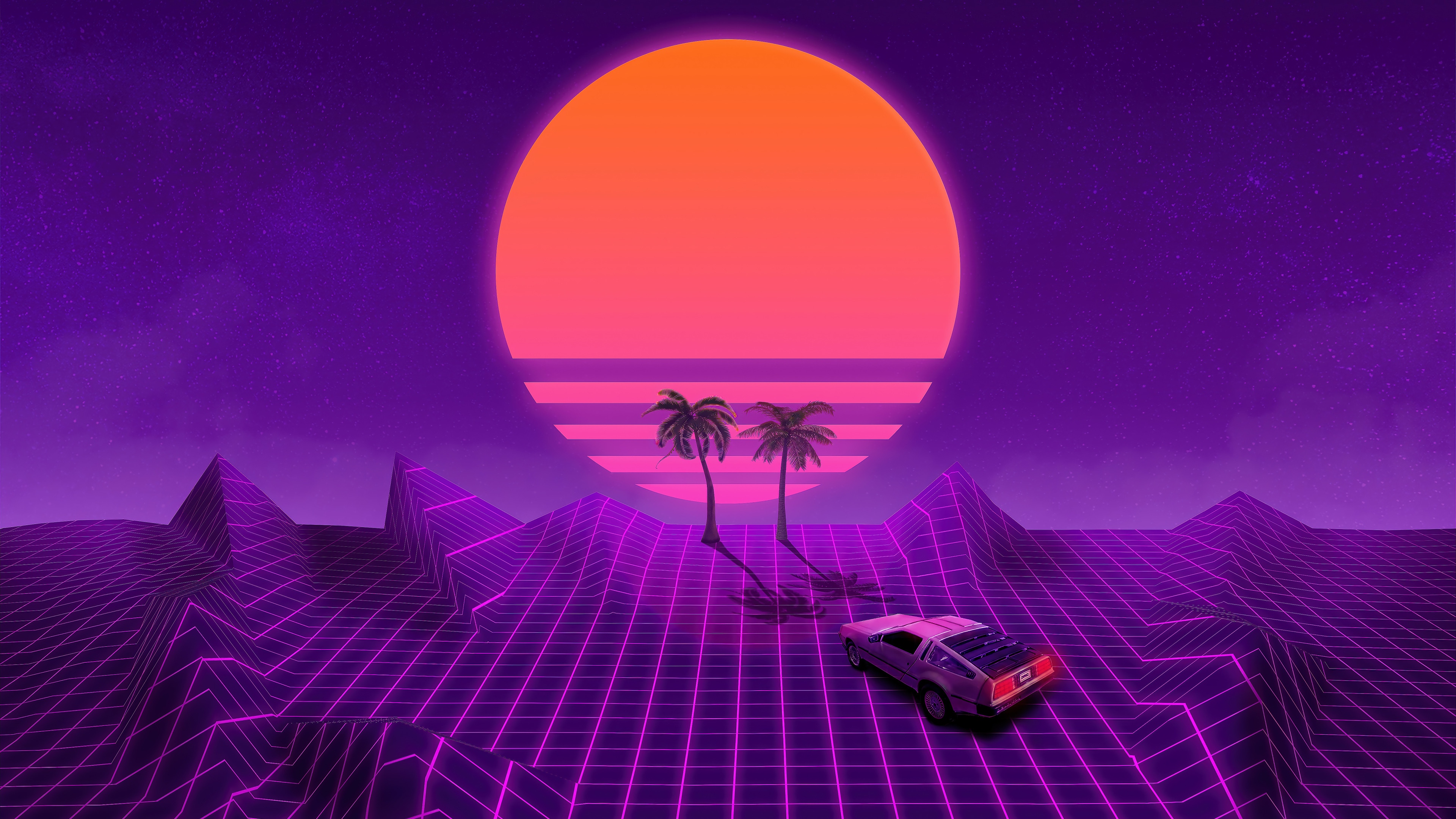 Retrowave 4K Digital Art with Sun and Car HD Wallpaper