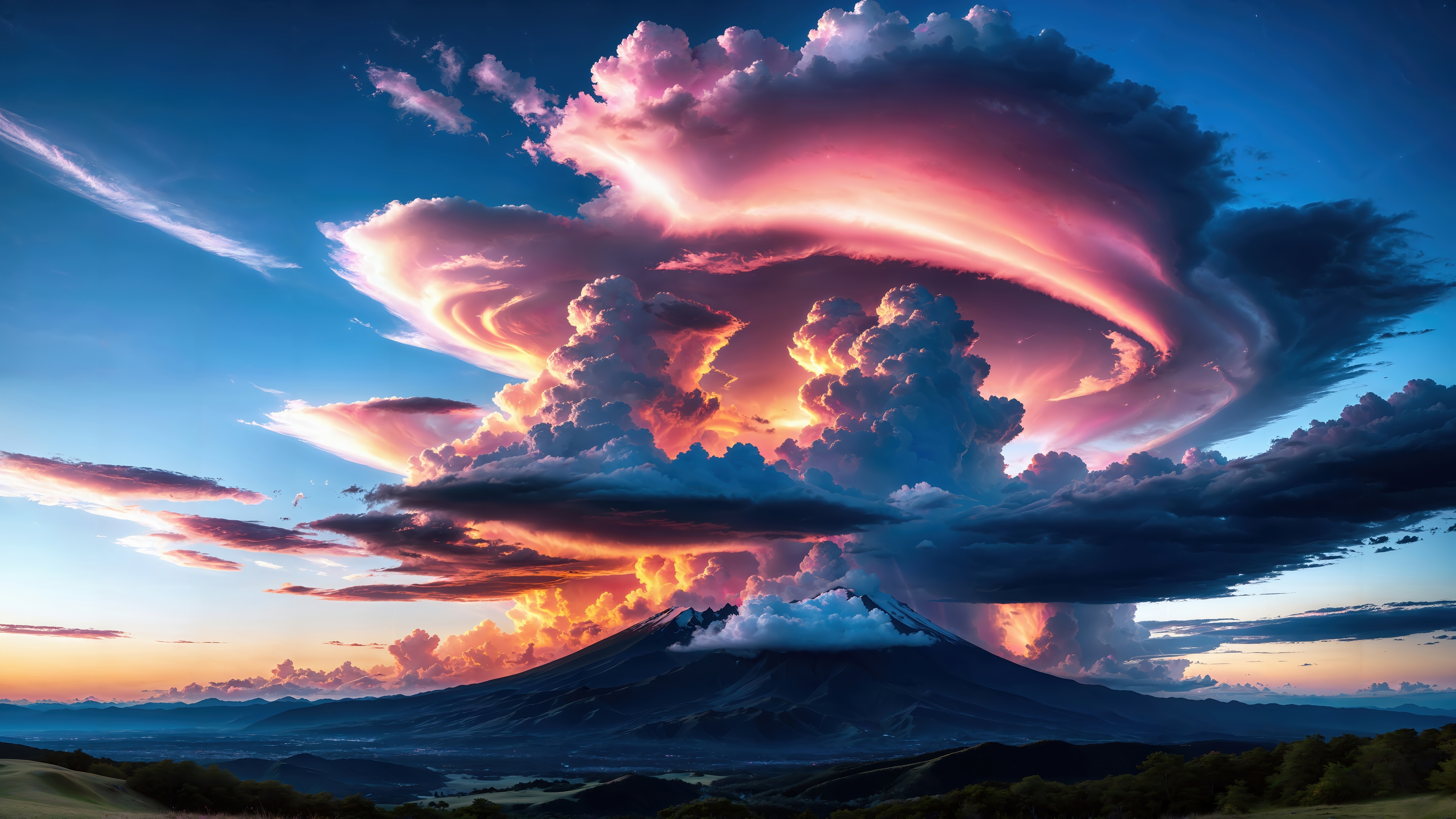 Volcano with dramatic clouds at sunrise 4K HD Wallpaper