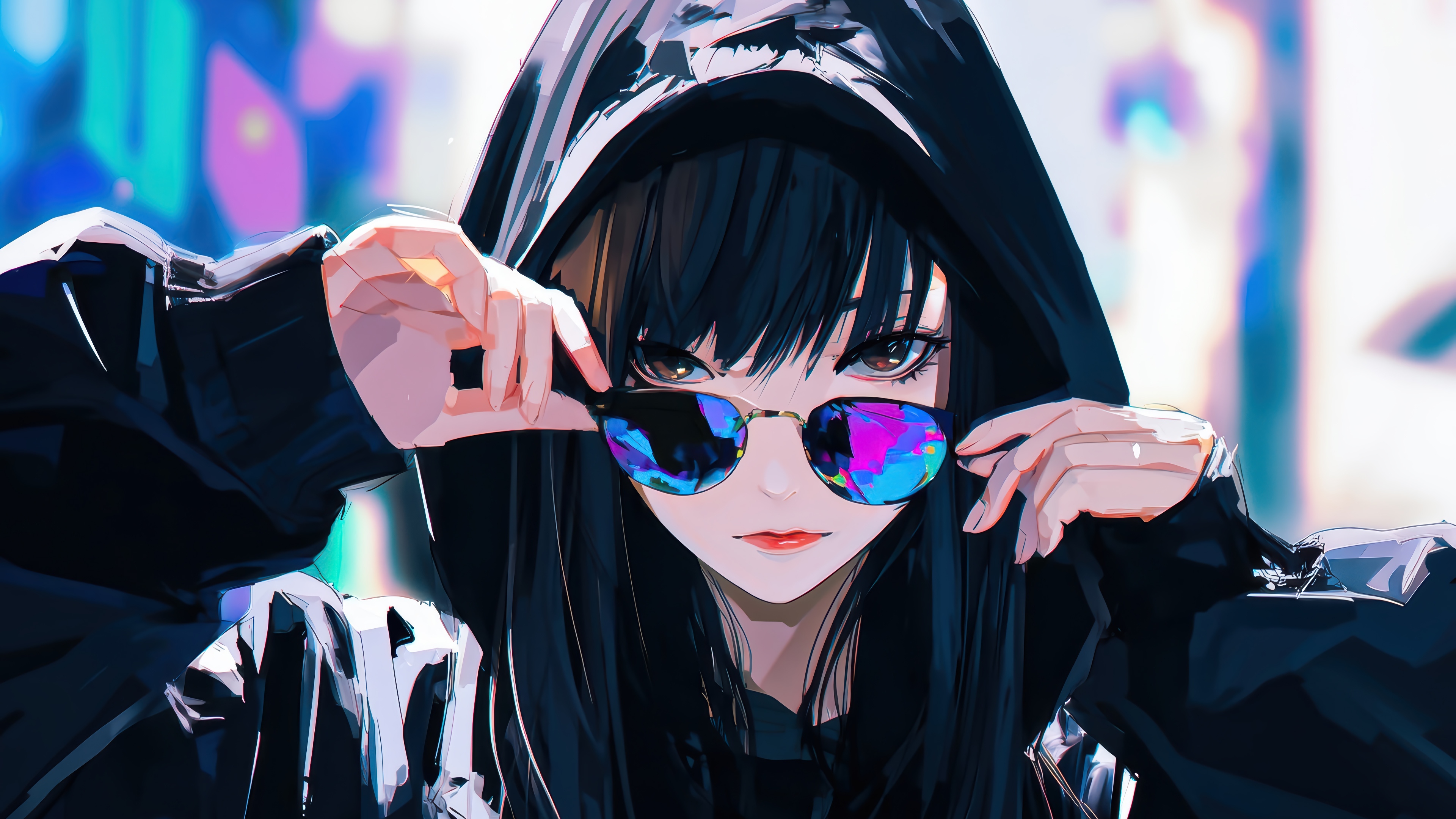 Anime Girl in Hoodie and Sunglasses 4K HD Wallpaper