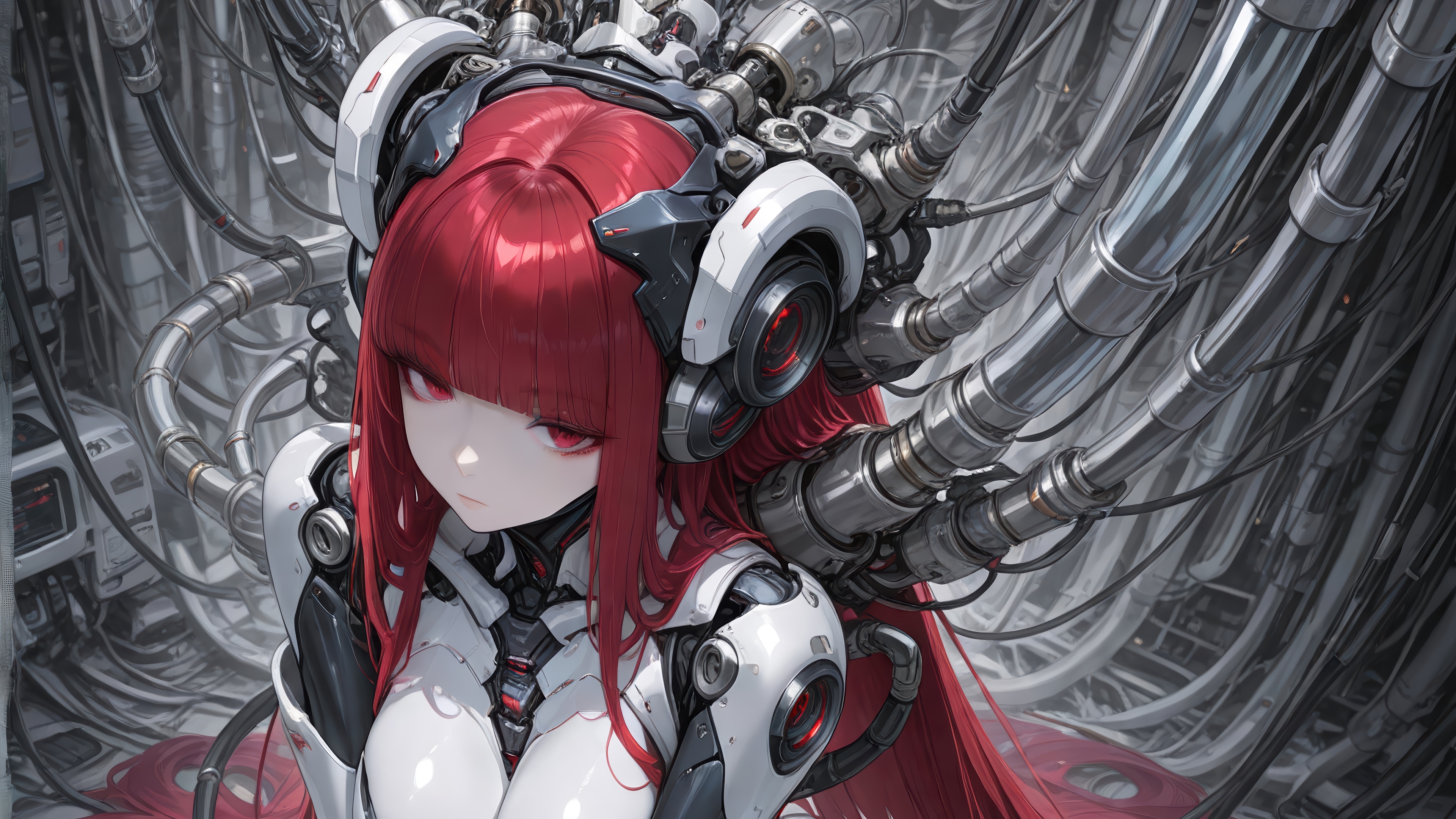 Anime Girl with Red Hair and Cybernetic Implants 4K HD Wallpaper