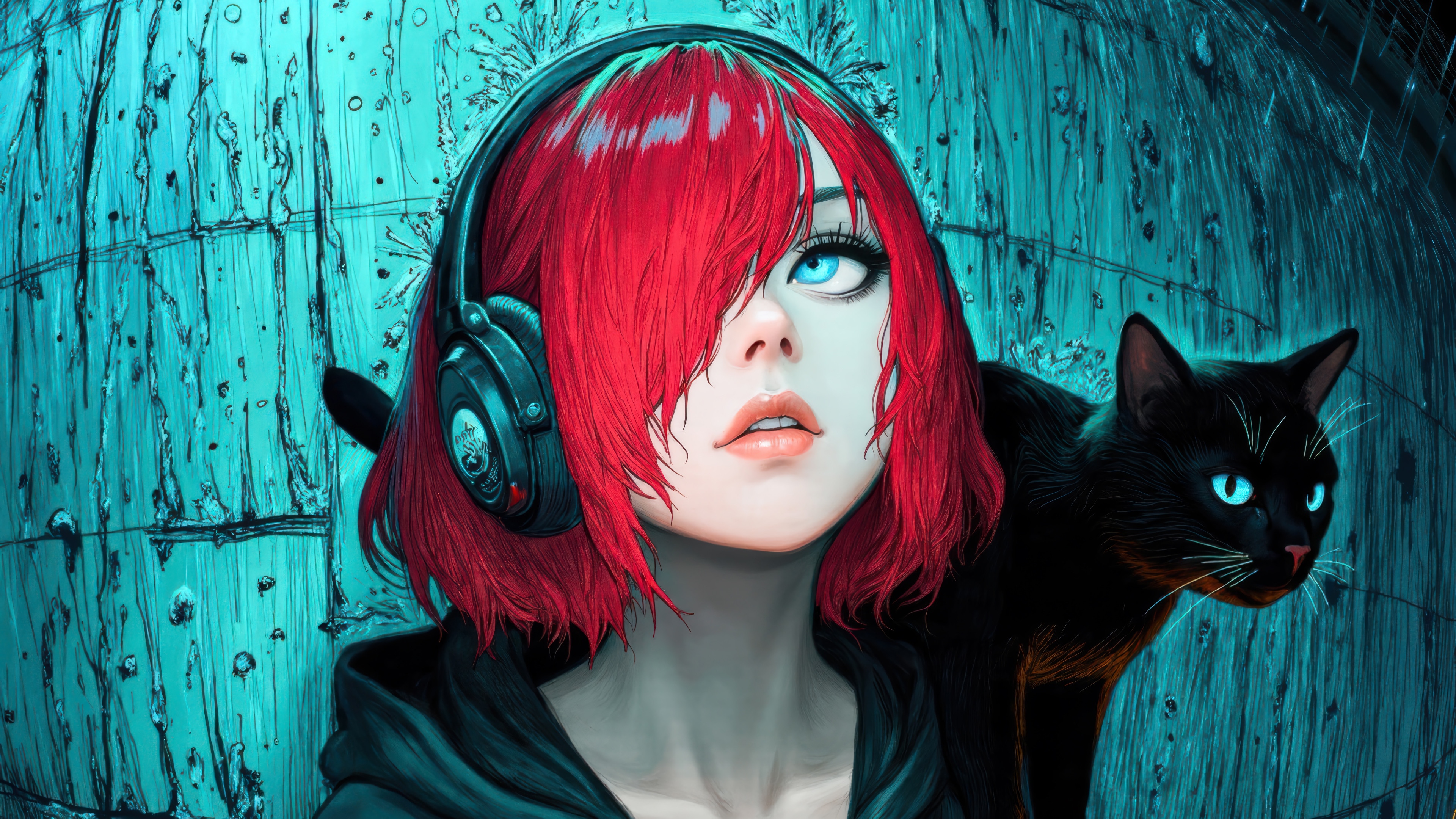 Anime Girl with Red Hair and Black Cat Wearing Headphones 4K HD Wallpaper