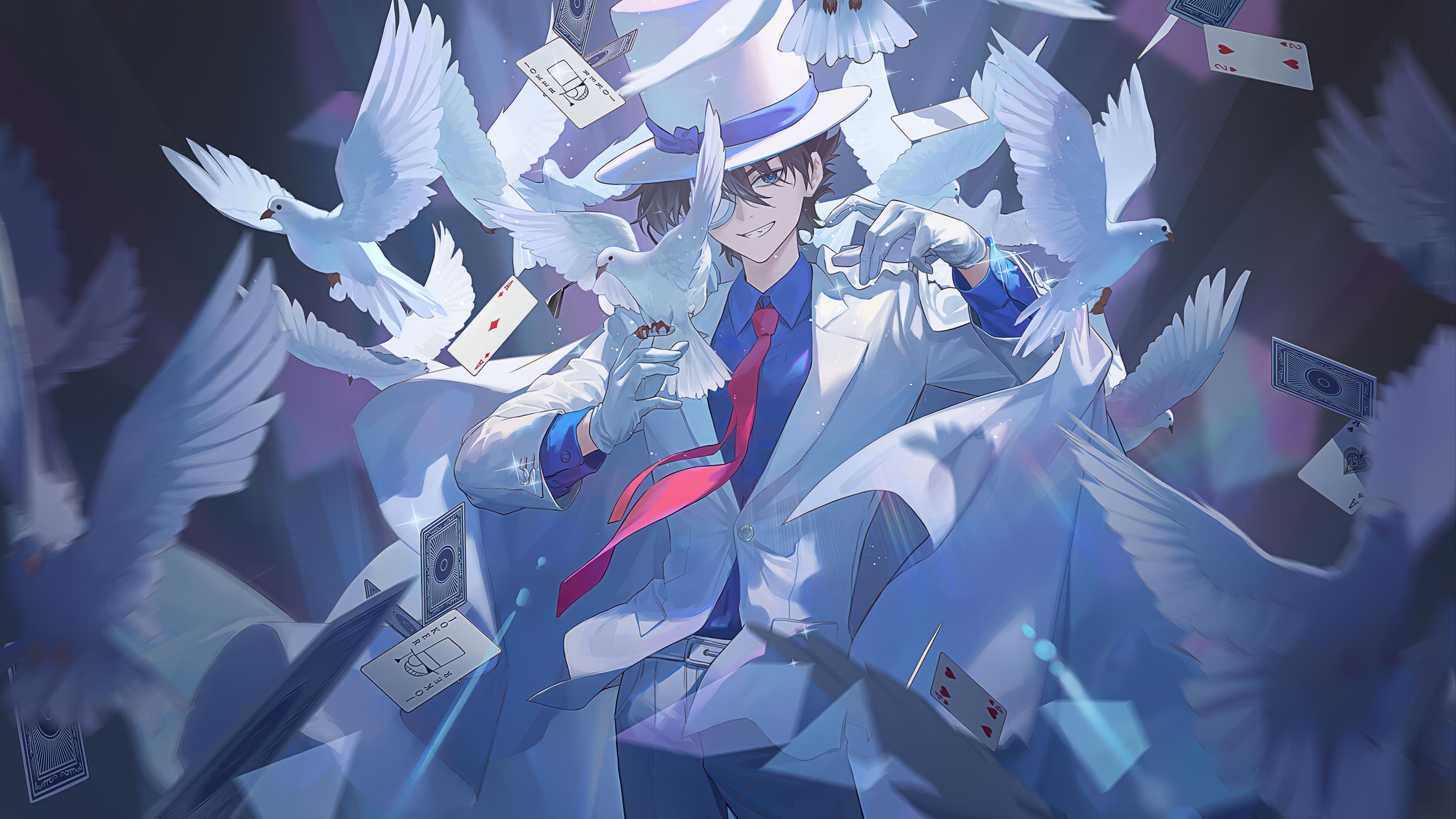 Kaito Kid surrounded by doves and playing cards HD Wallpaper