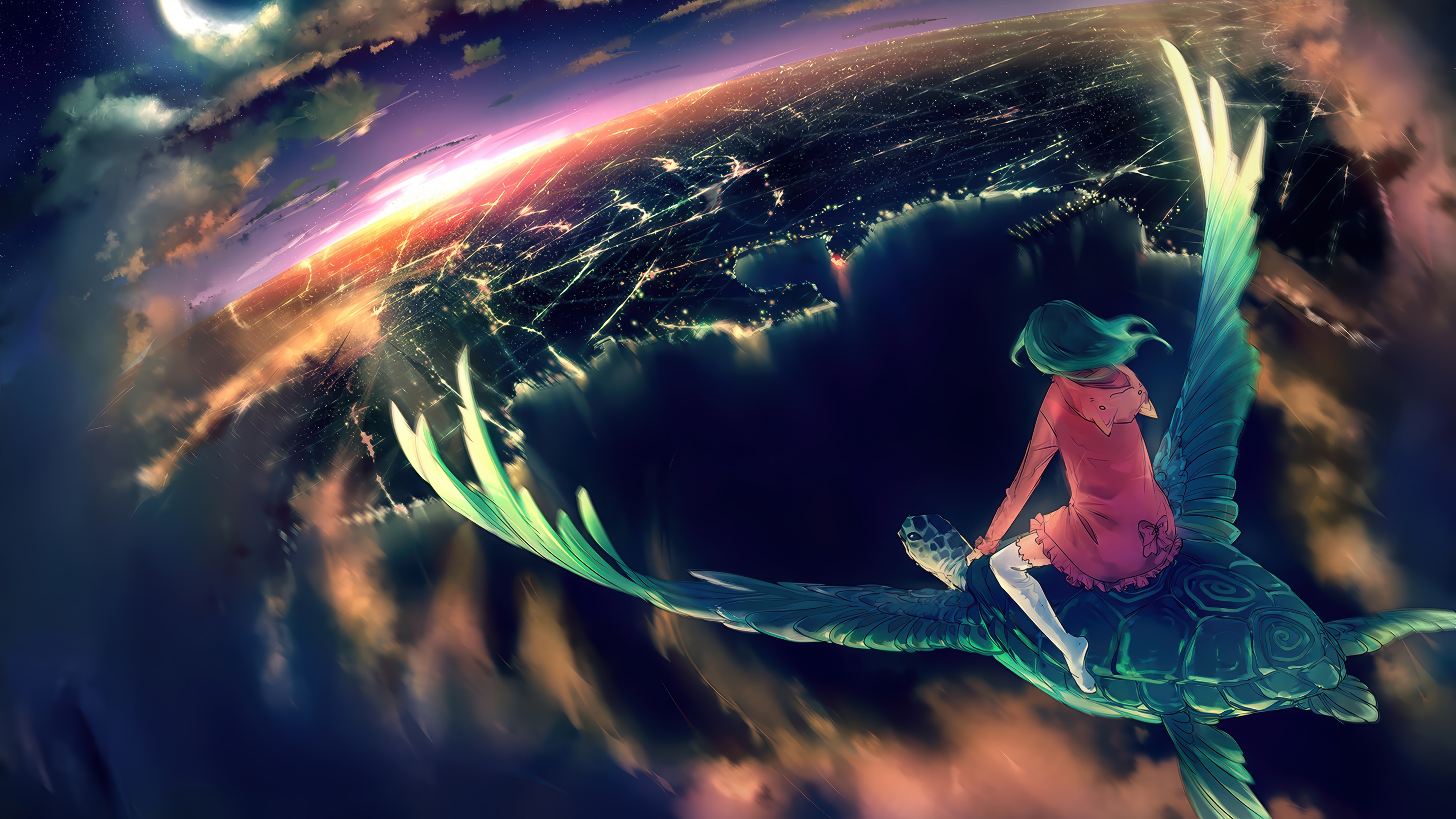 Anime Girl Riding a Turtle Over a City at Night 4K HD Wallpaper