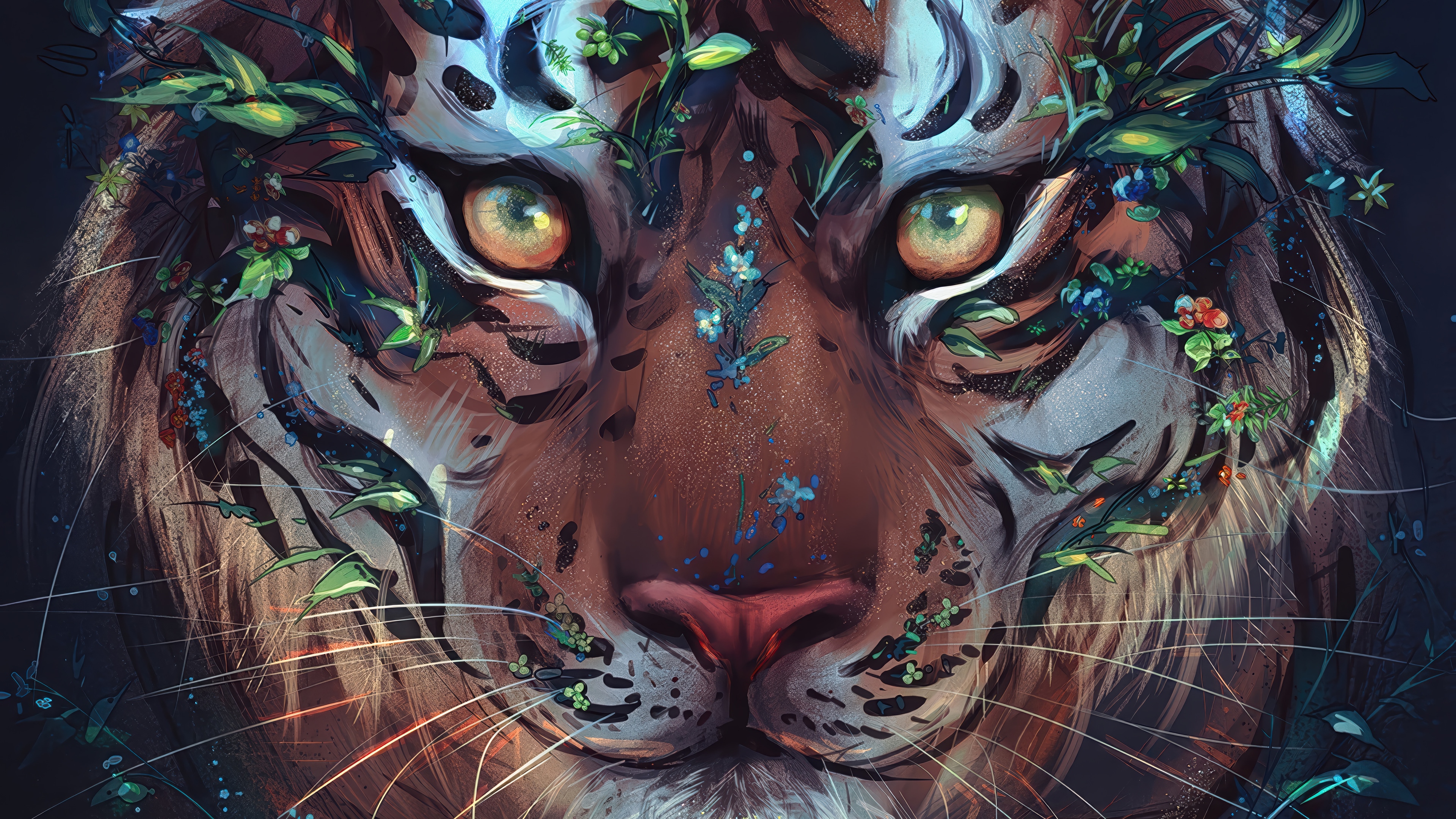 Tiger with Flowers Digital Art 4K HD Wallpaper