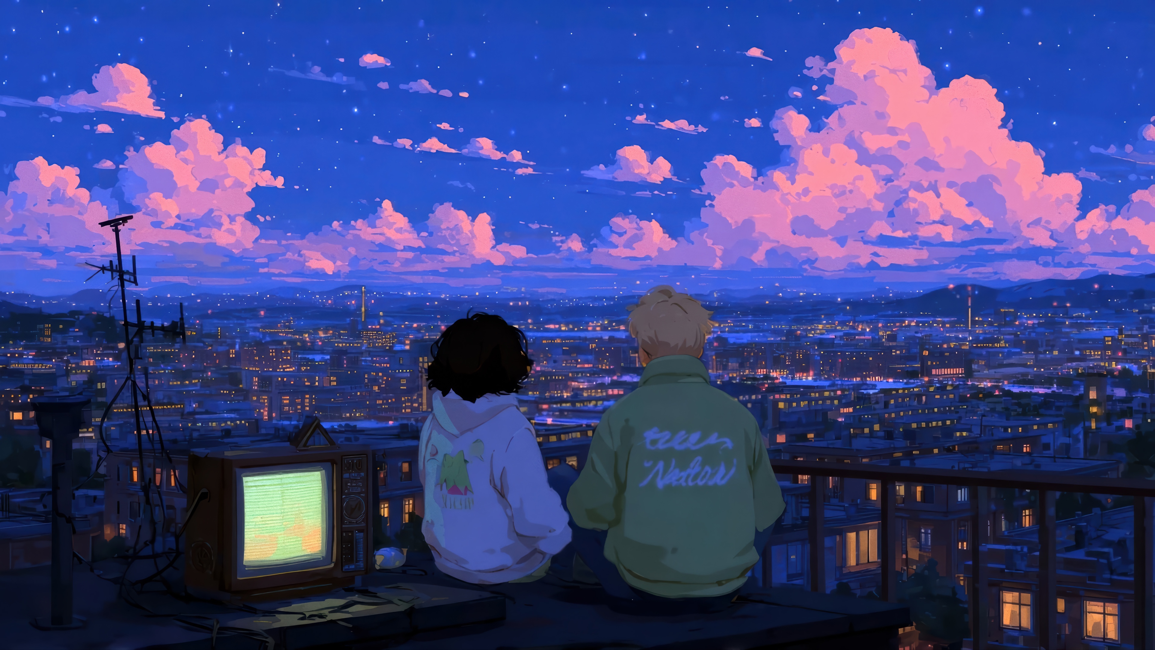 Anime couple watching city lights at night 4K HD Wallpaper