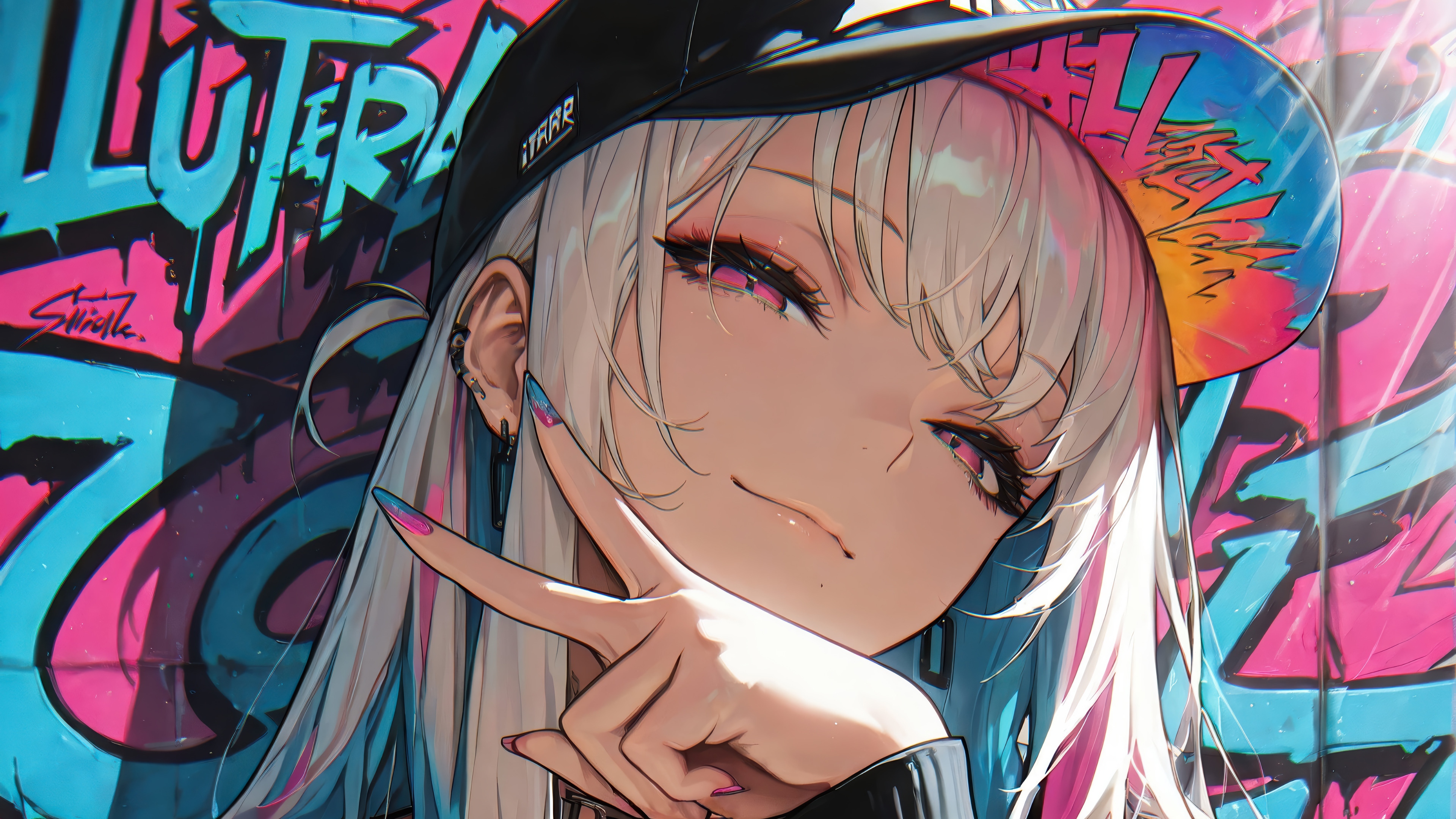 Anime Girl with White Hair Wearing a Hat and Graffiti Background 4K HD Wallpaper