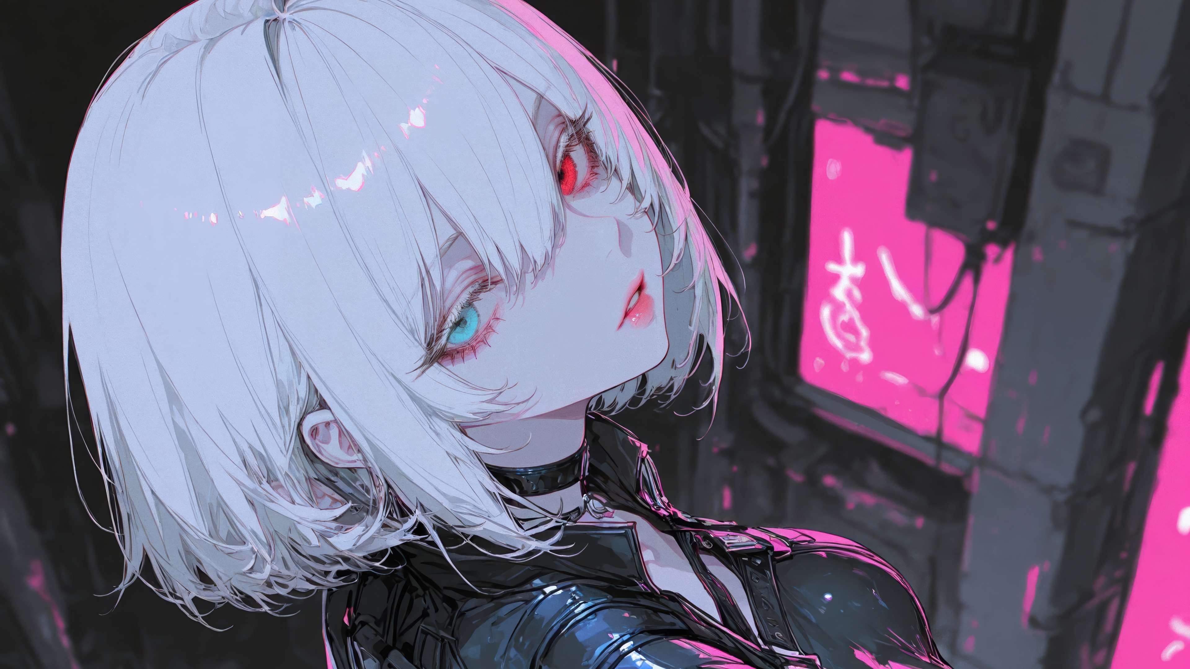 Anime Girl with White Short Hair and Heterochromia HD Wallpaper