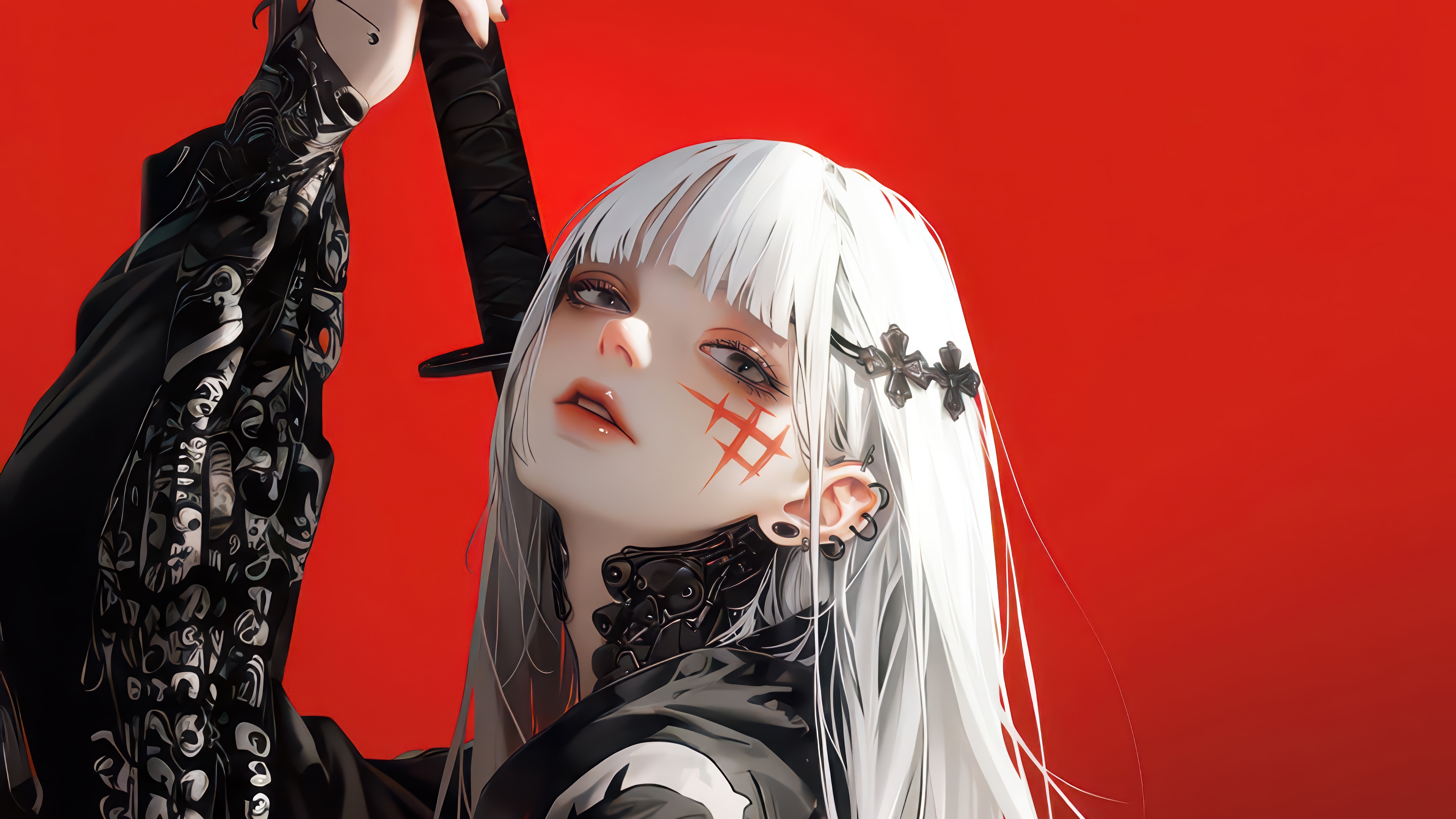 Anime Girl with White Hair and Katana 4K HD Wallpaper