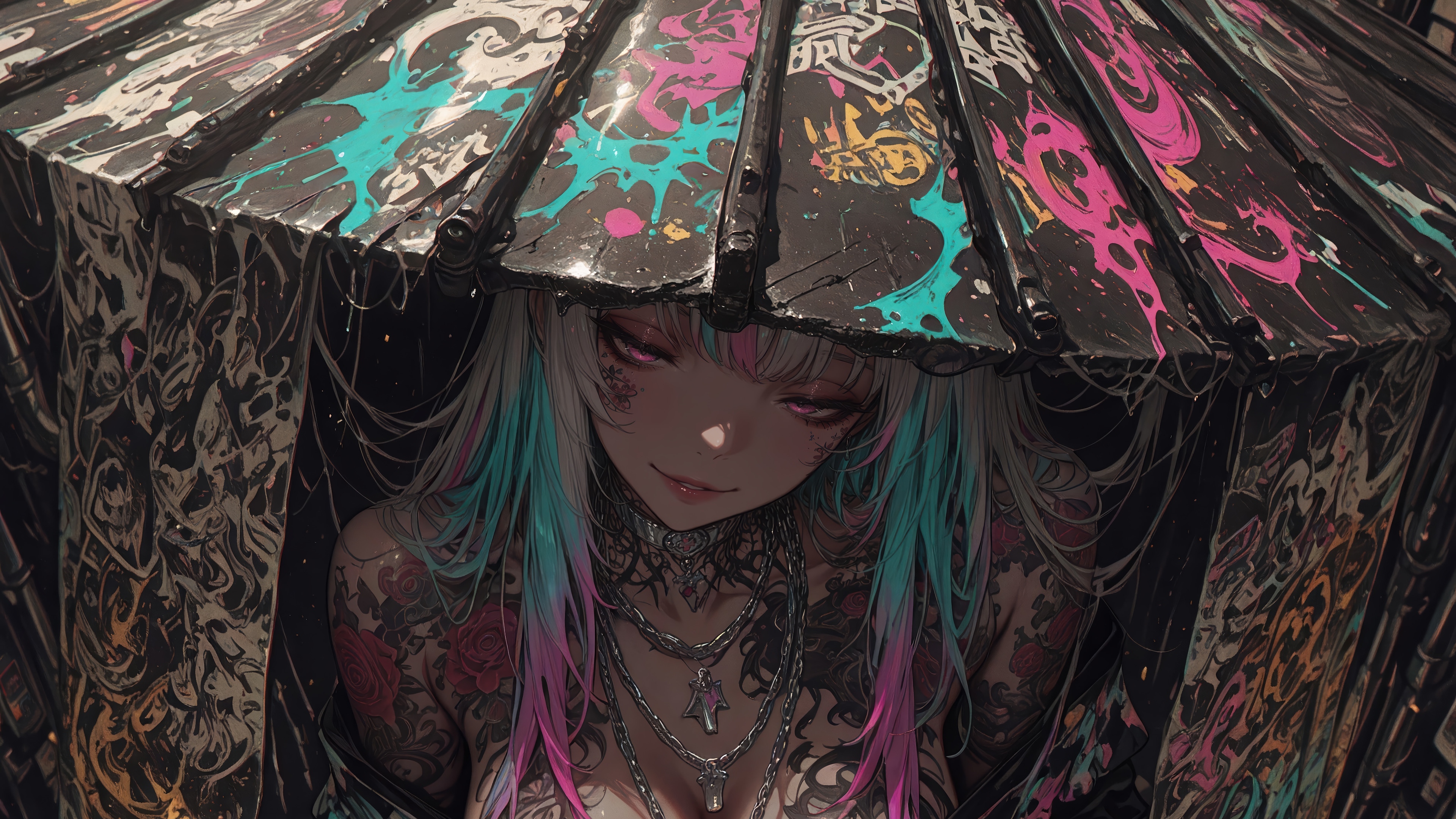 Anime Girl with Tattoos and Colorful Hair HD Wallpaper