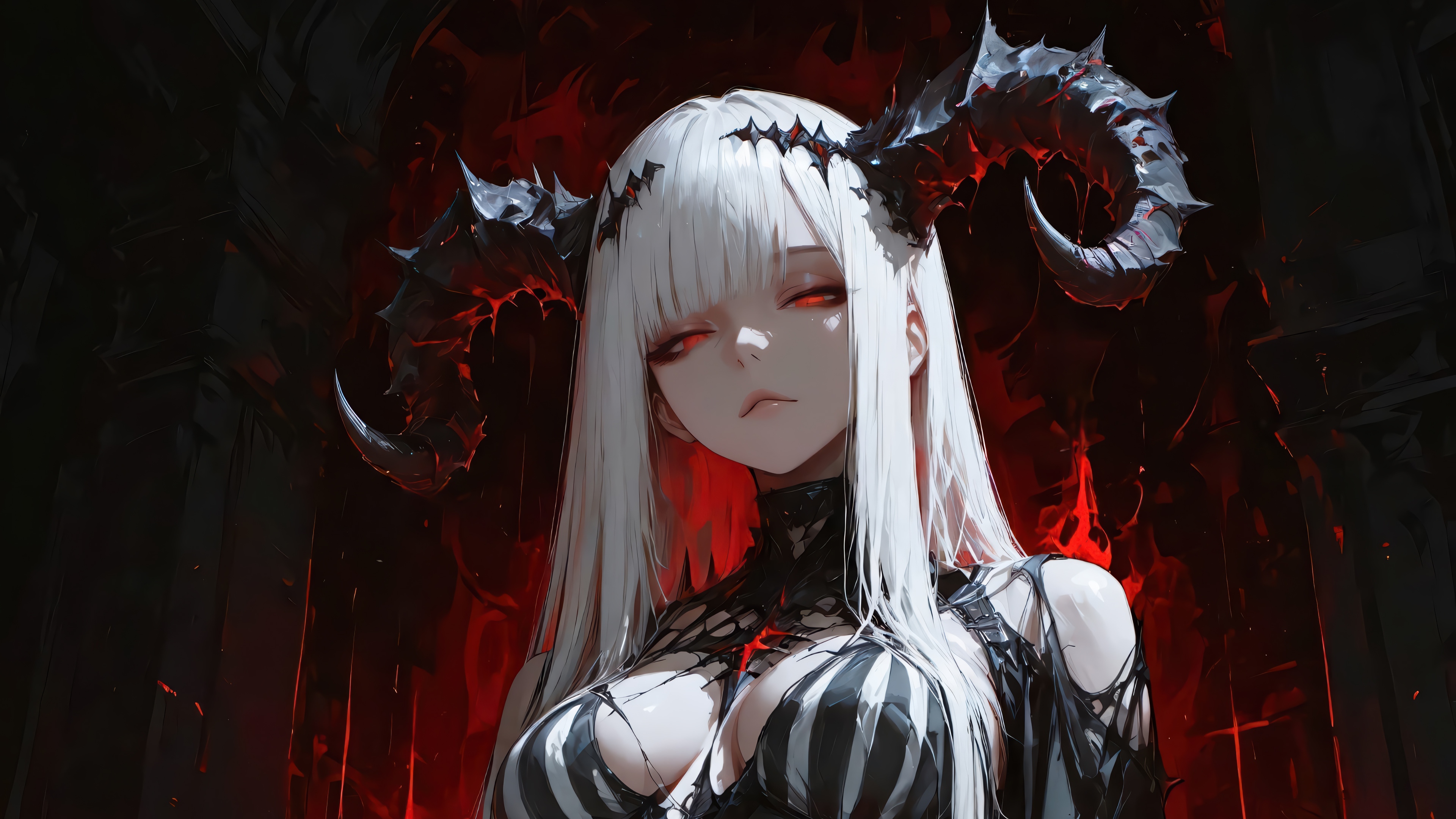 Anime Girl with Horns and Red Eyes 4K HD Wallpaper