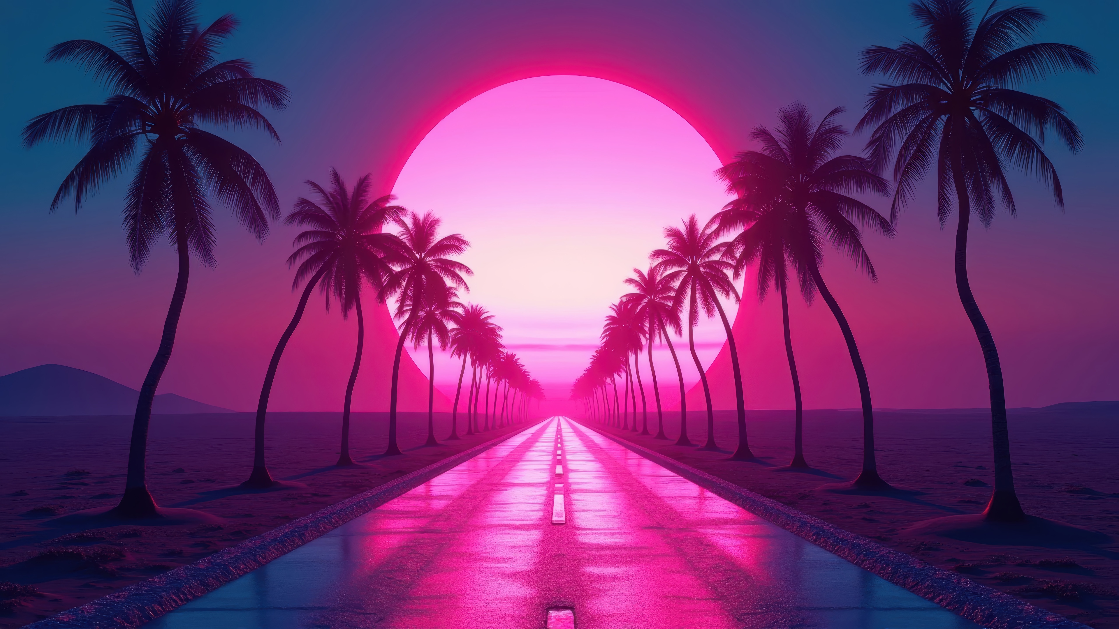 Sunset over a road lined with palm trees in 4K HD Wallpaper