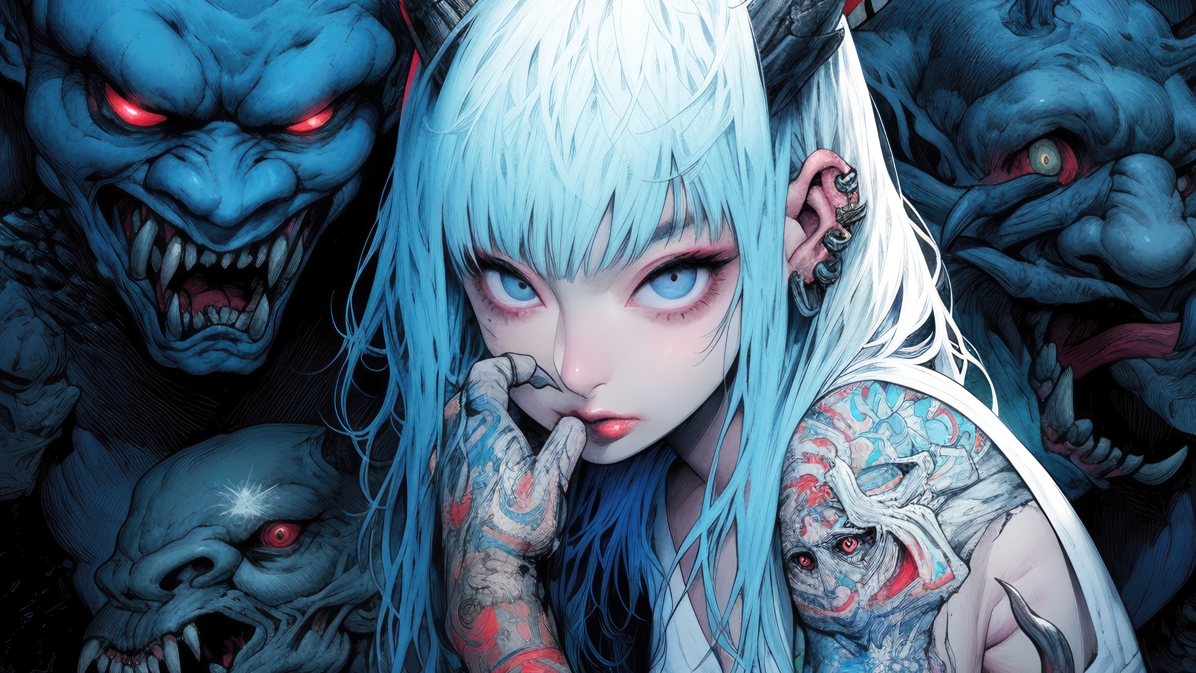 Anime Girl with Tattoos and Demons 4K HD Wallpaper
