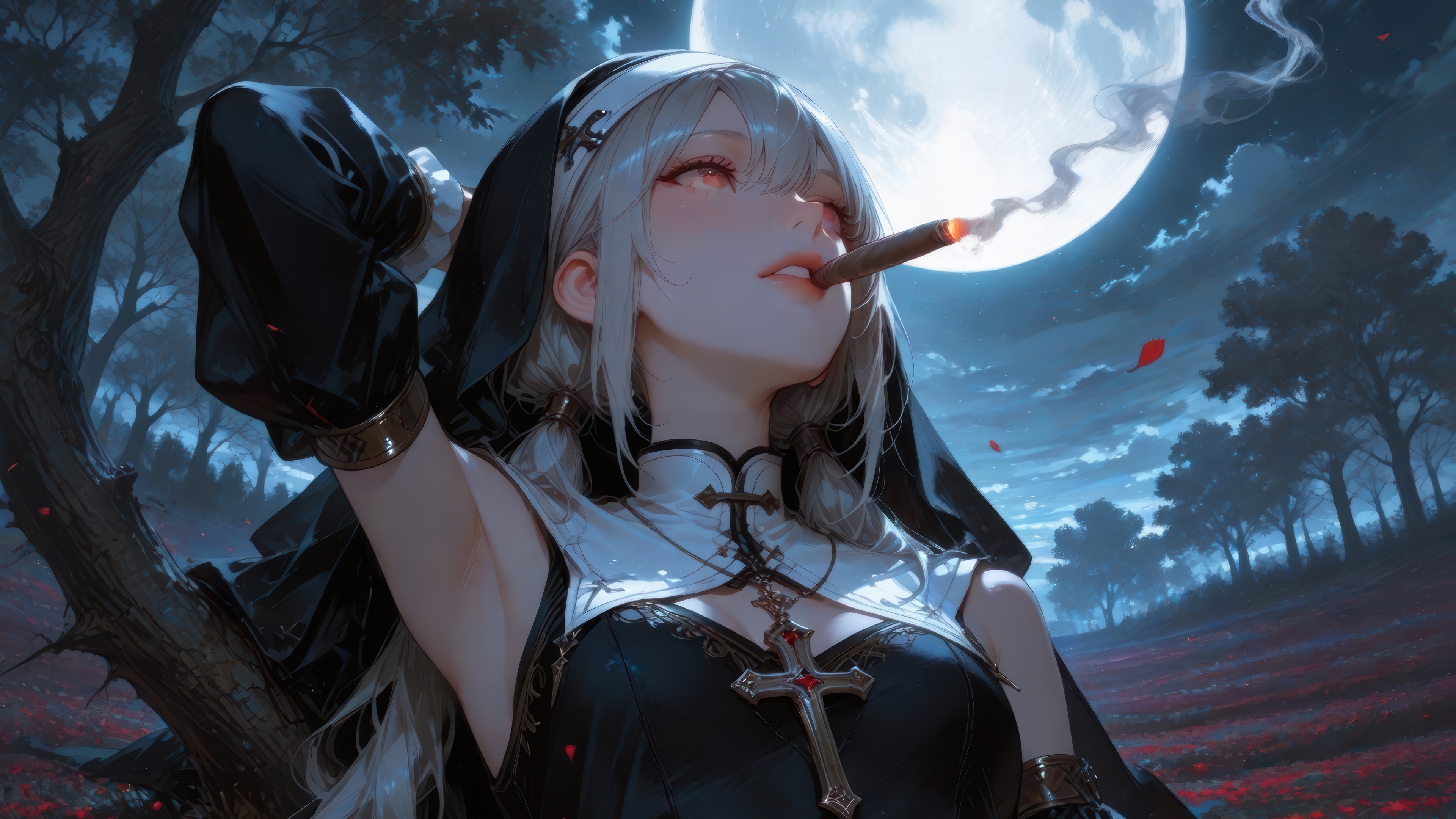 Anime Nun Smoking Under the Moon 4K HD Wallpaper