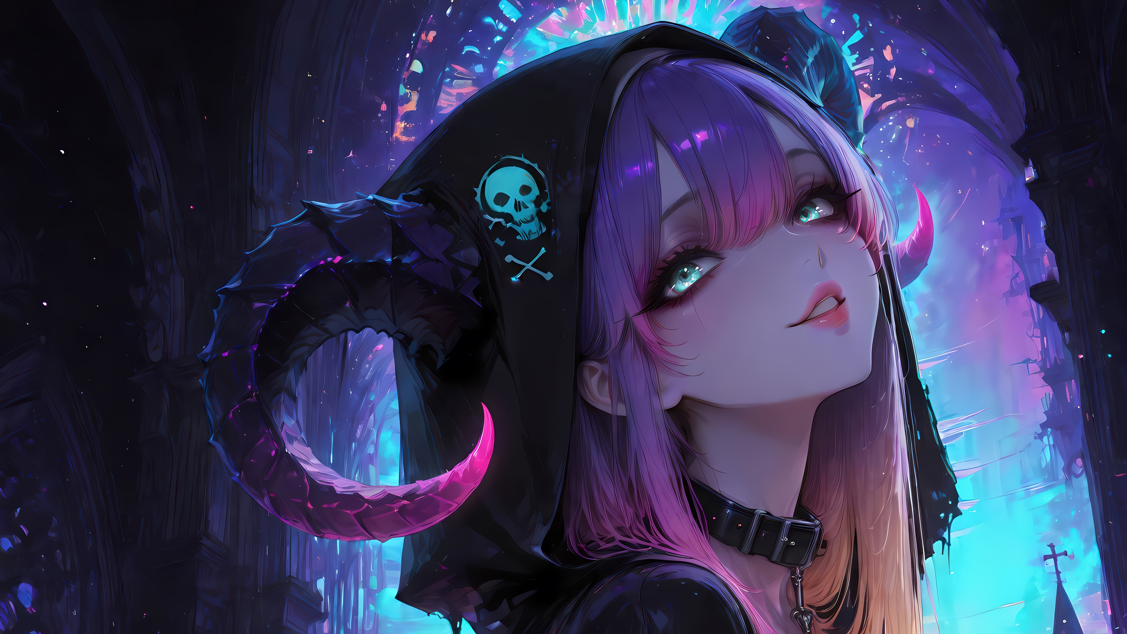 Anime Girl with Purple Hair and Horns HD Wallpaper