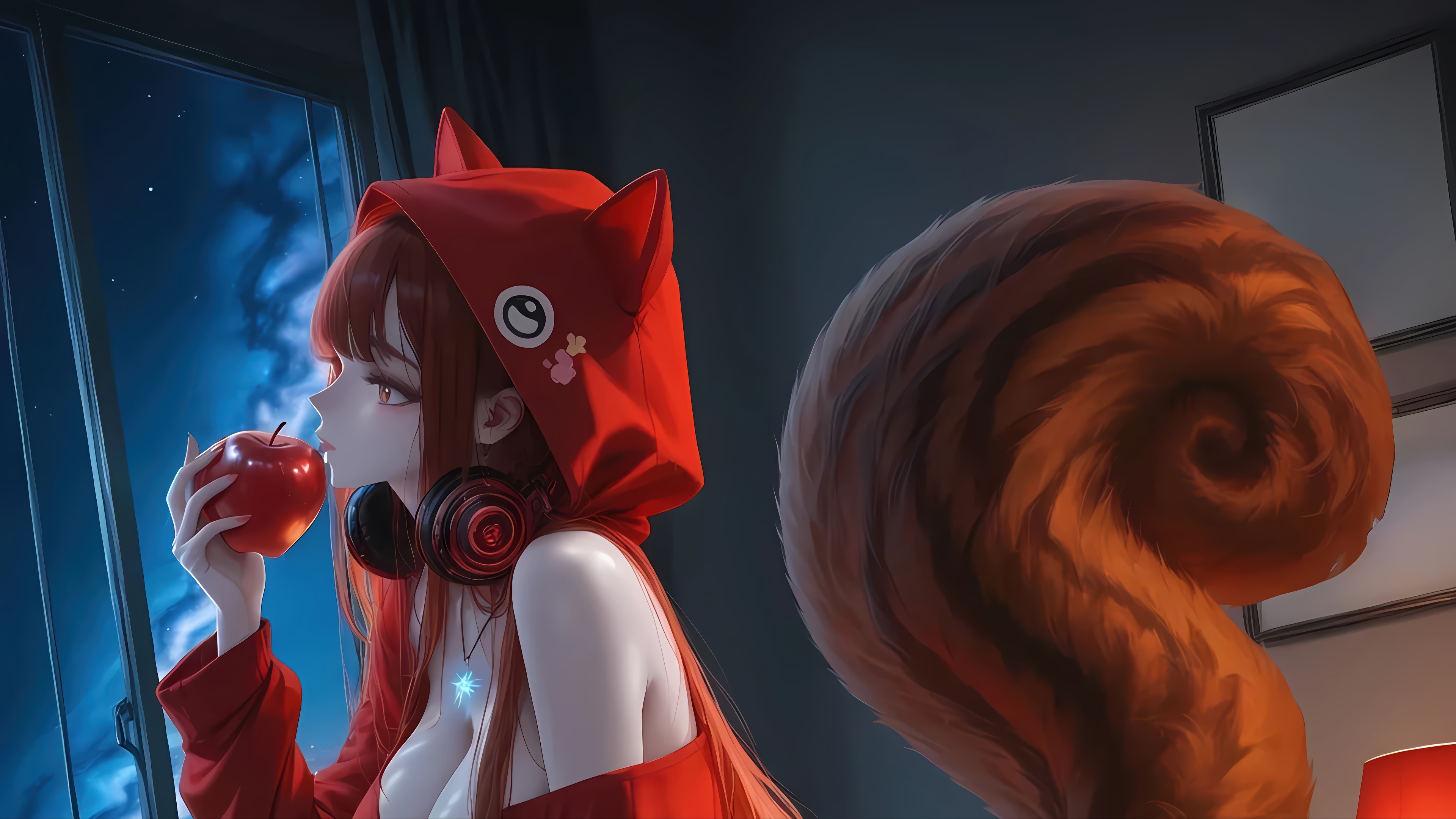 Anime Girl in Red Hoodie with Headphones and Apple 4K HD Wallpaper