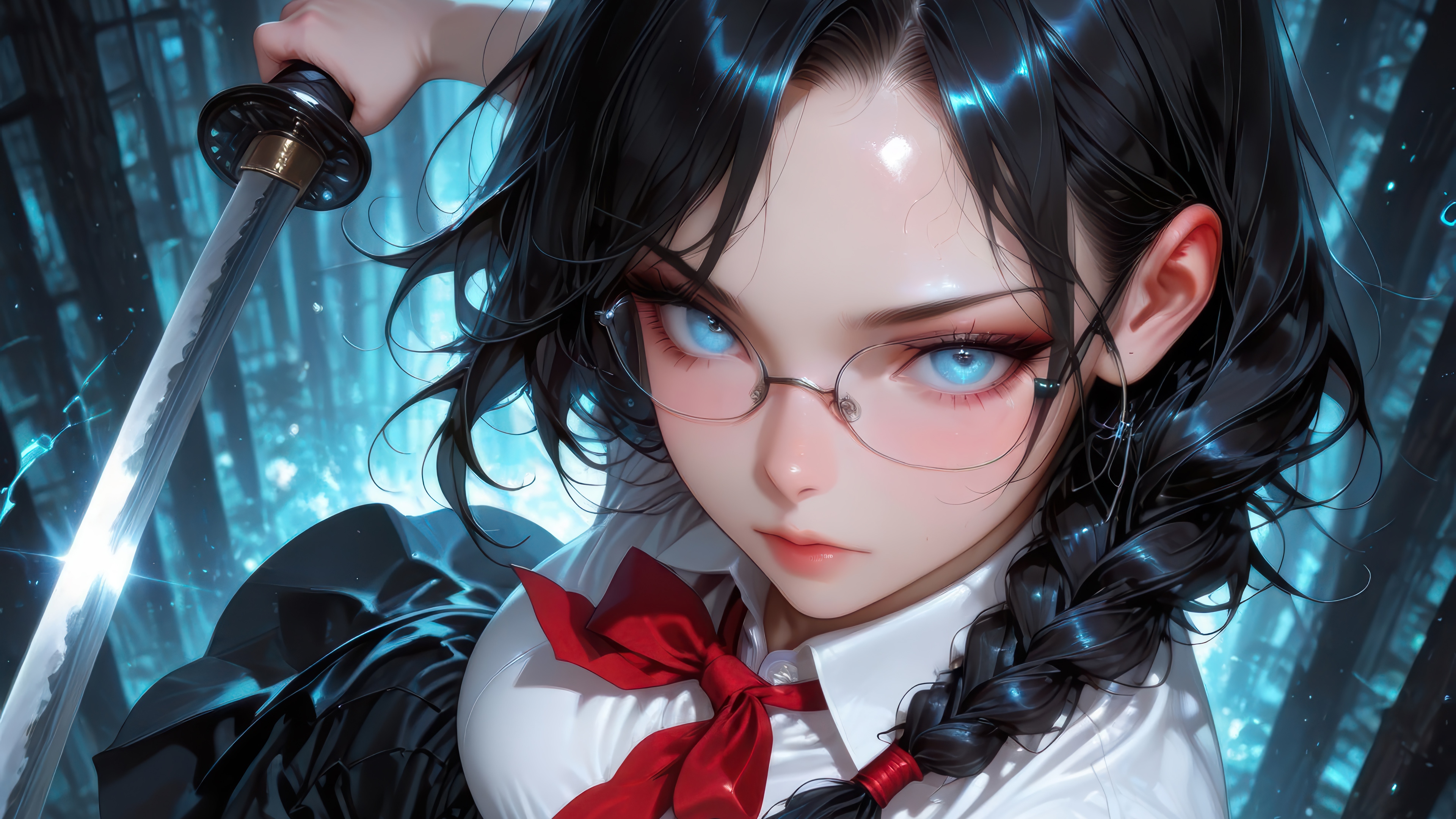 Anime Girl with Katana and Glasses 4K HD Wallpaper