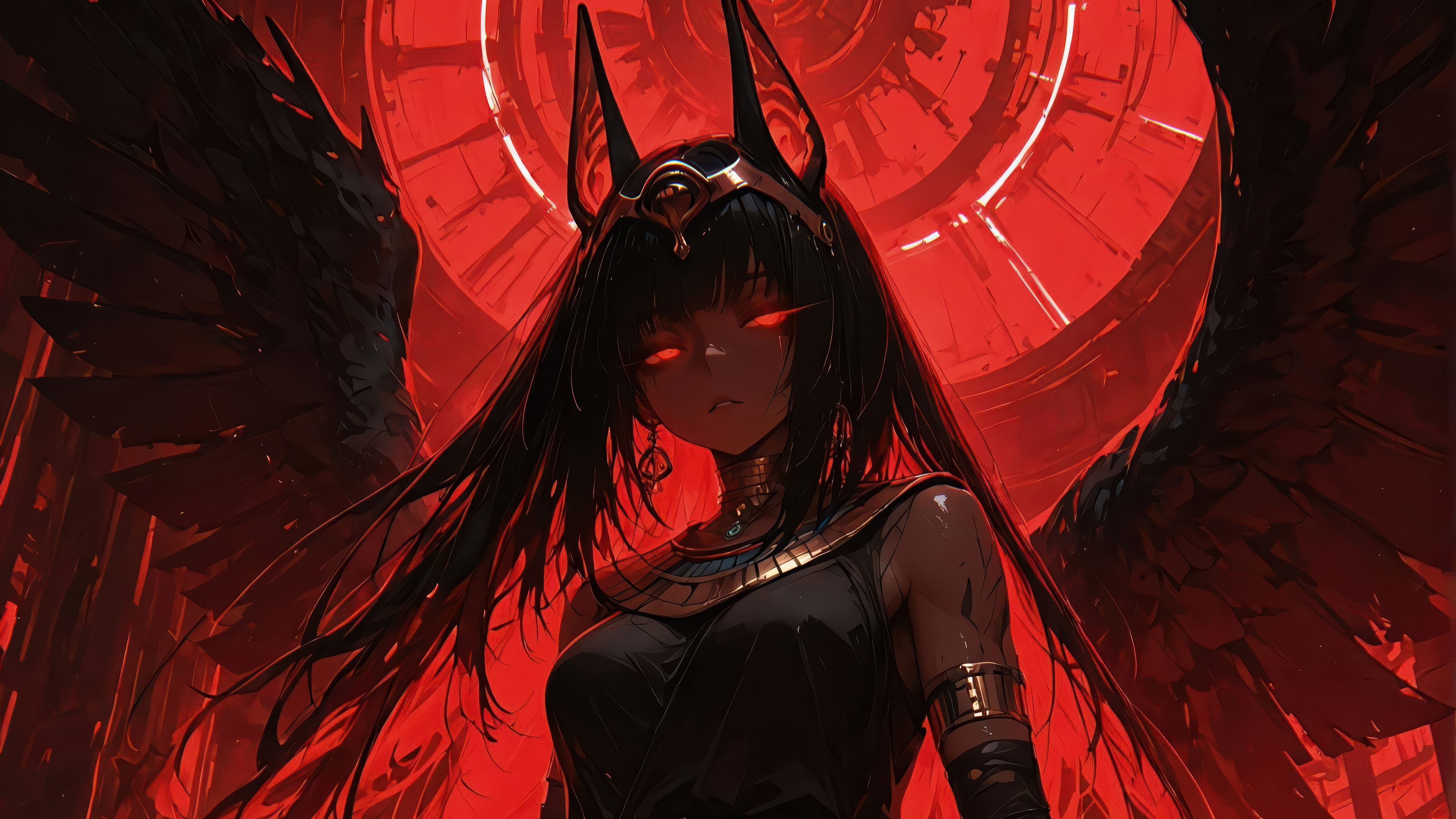Anime Girl with Anubis Headdress and Wings in Red HD Wallpaper
