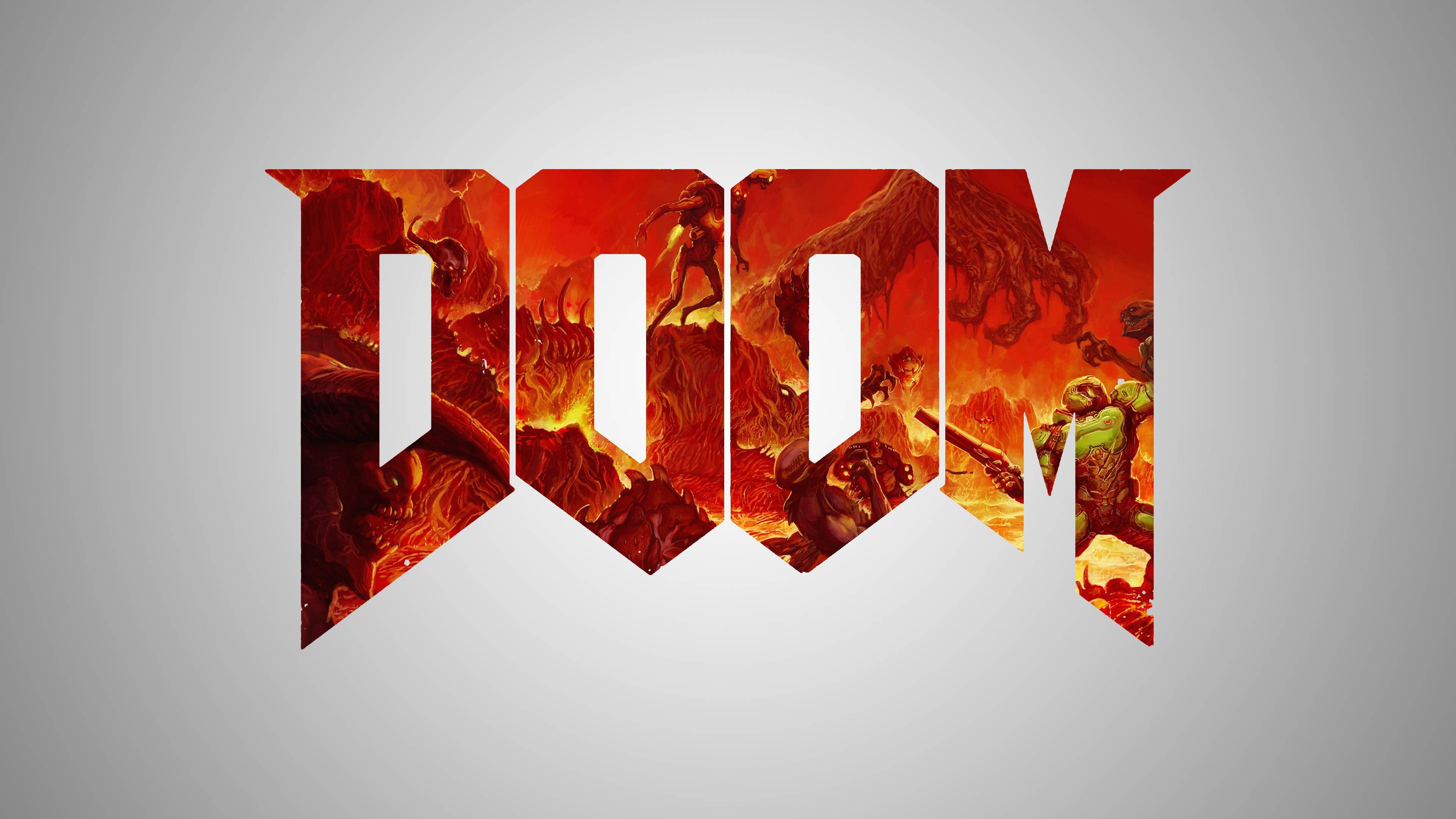 DOOM video game logo with demons and a space marine HD Wallpaper