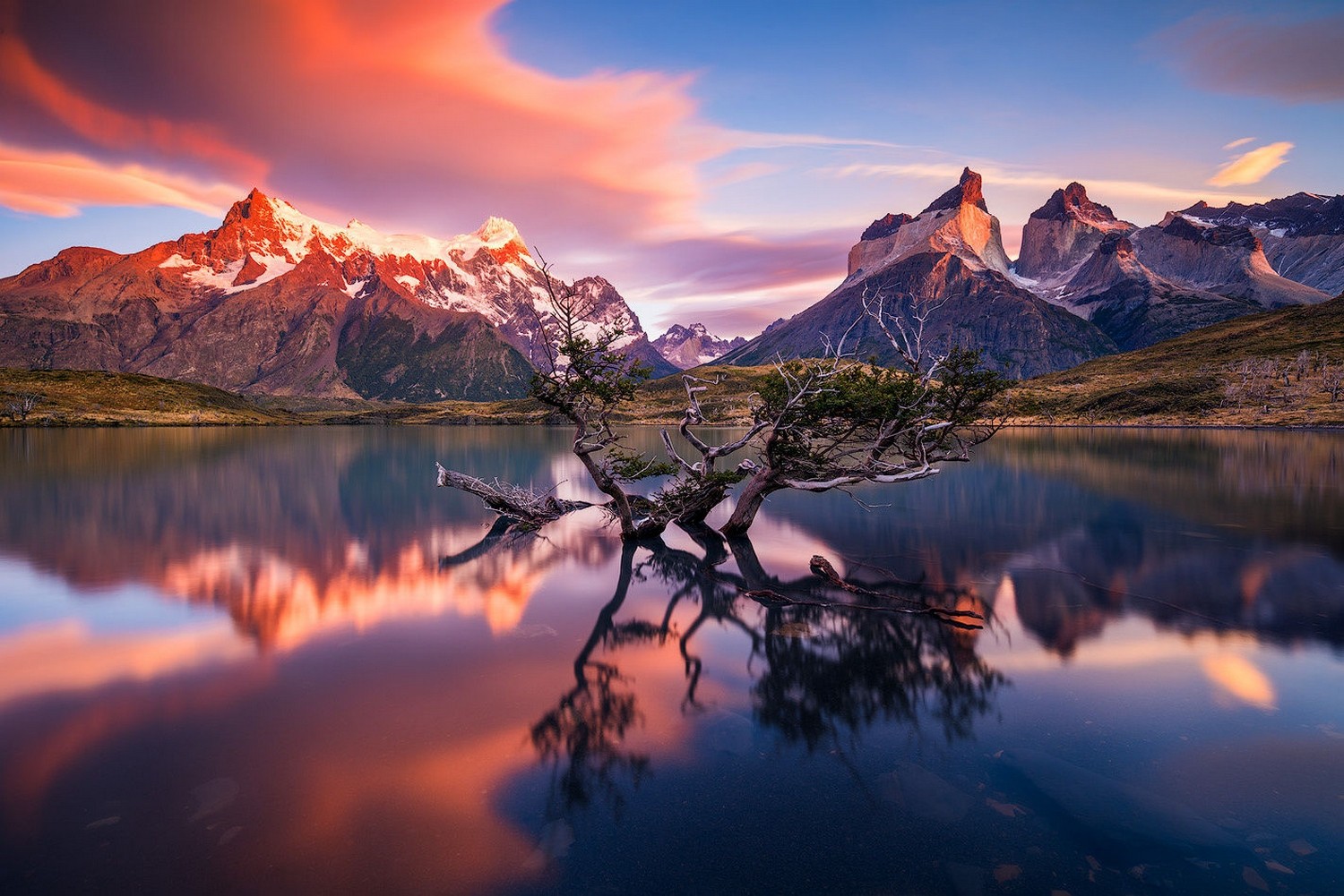 Torres del Paine National Park at sunrise with lake reflection HD Wallpaper
