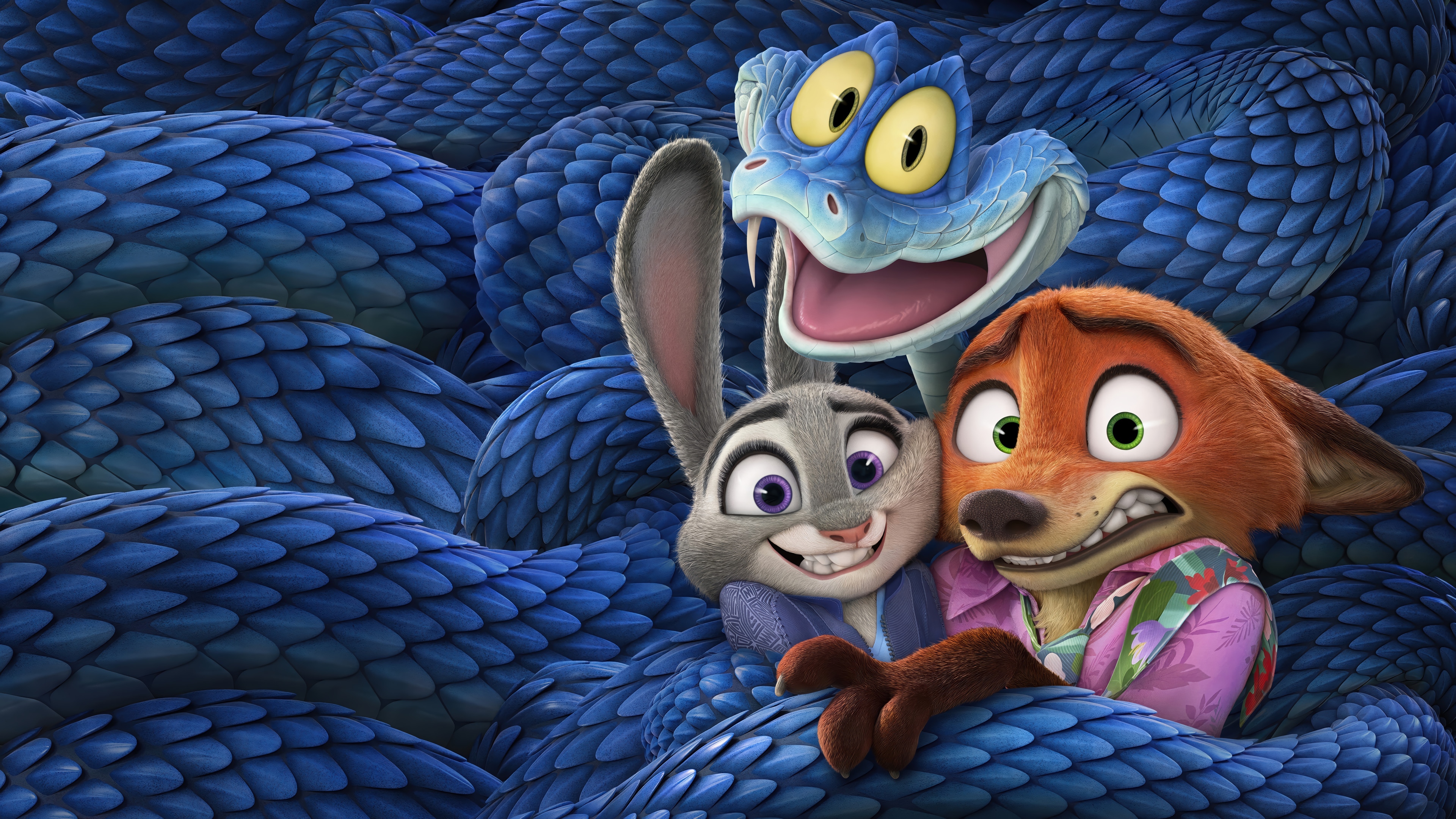 Judy Hopps, Nick Wilde, and a snake in Zootopia 4K HD Wallpaper