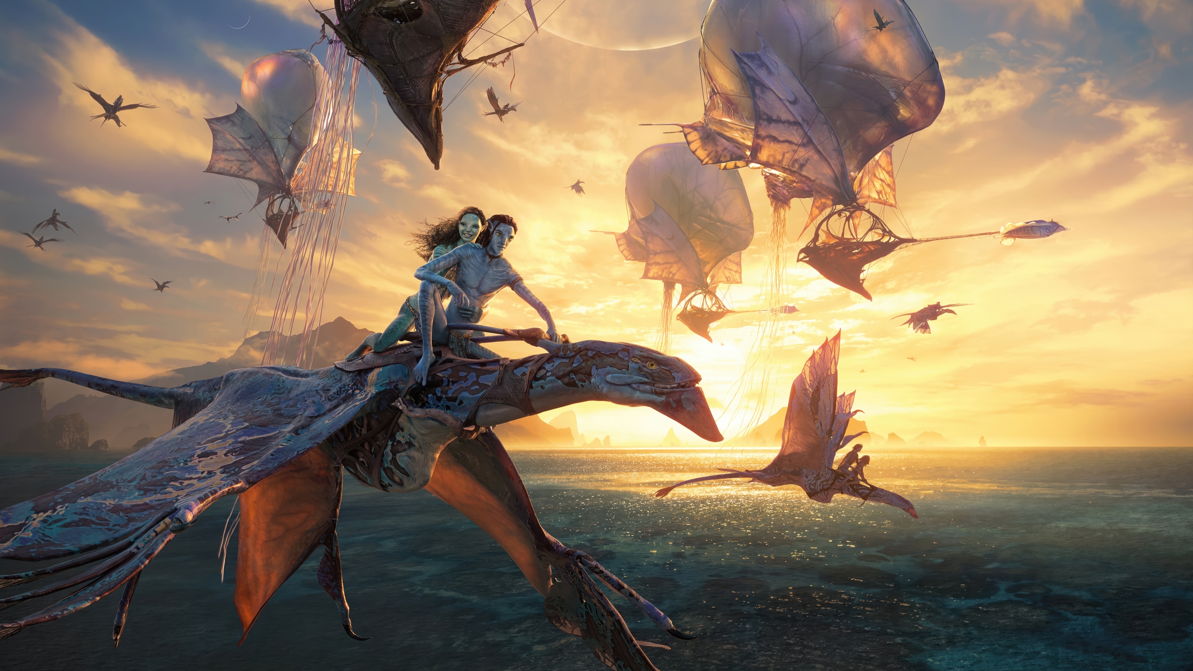 Avatar: Lo'ak and Tsireya ride a banshee HD Wallpaper