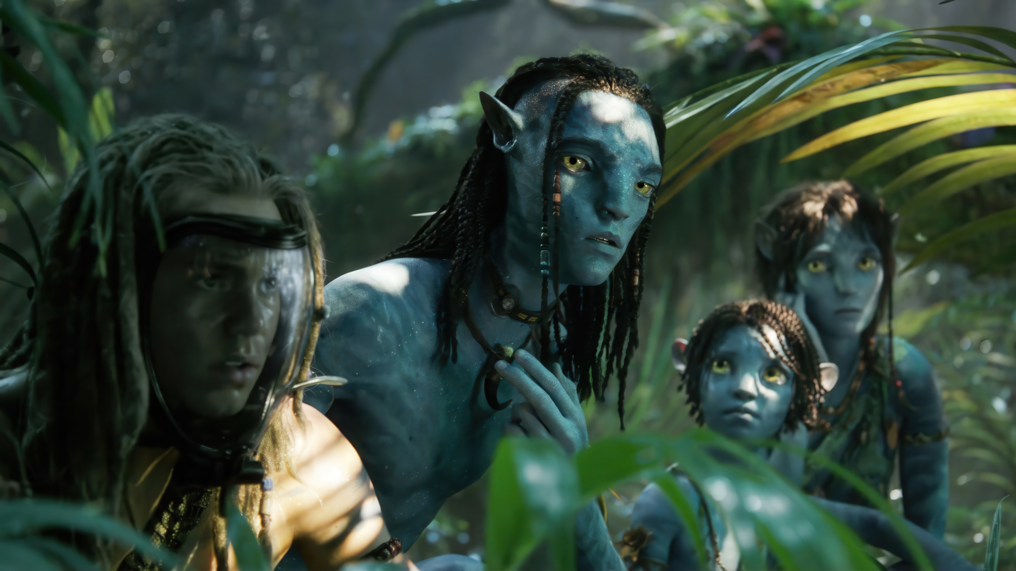 Avatar: Lo'ak, Kiri, and others in a forest HD Wallpaper