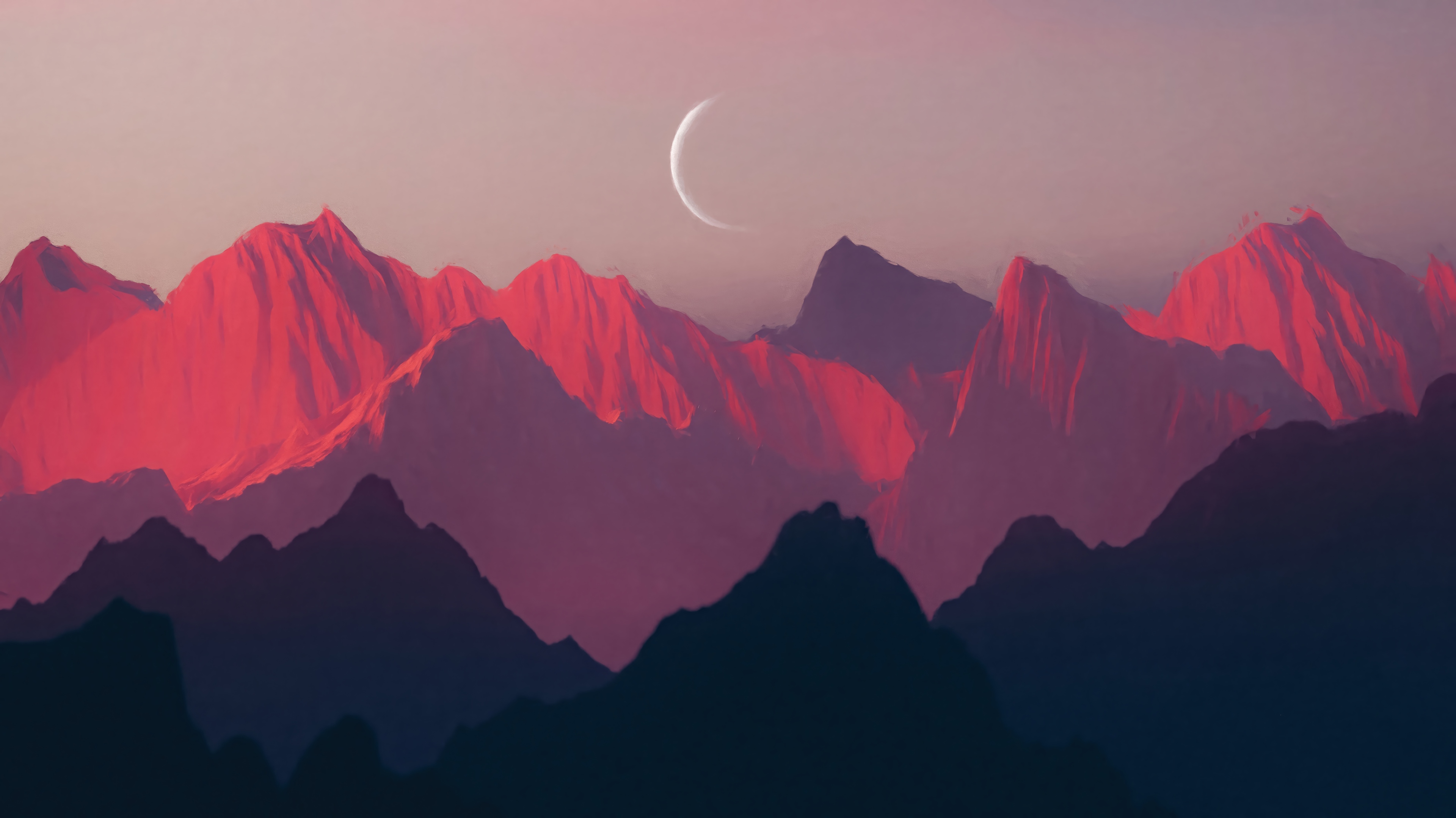 Mountain landscape with crescent moon HD Wallpaper