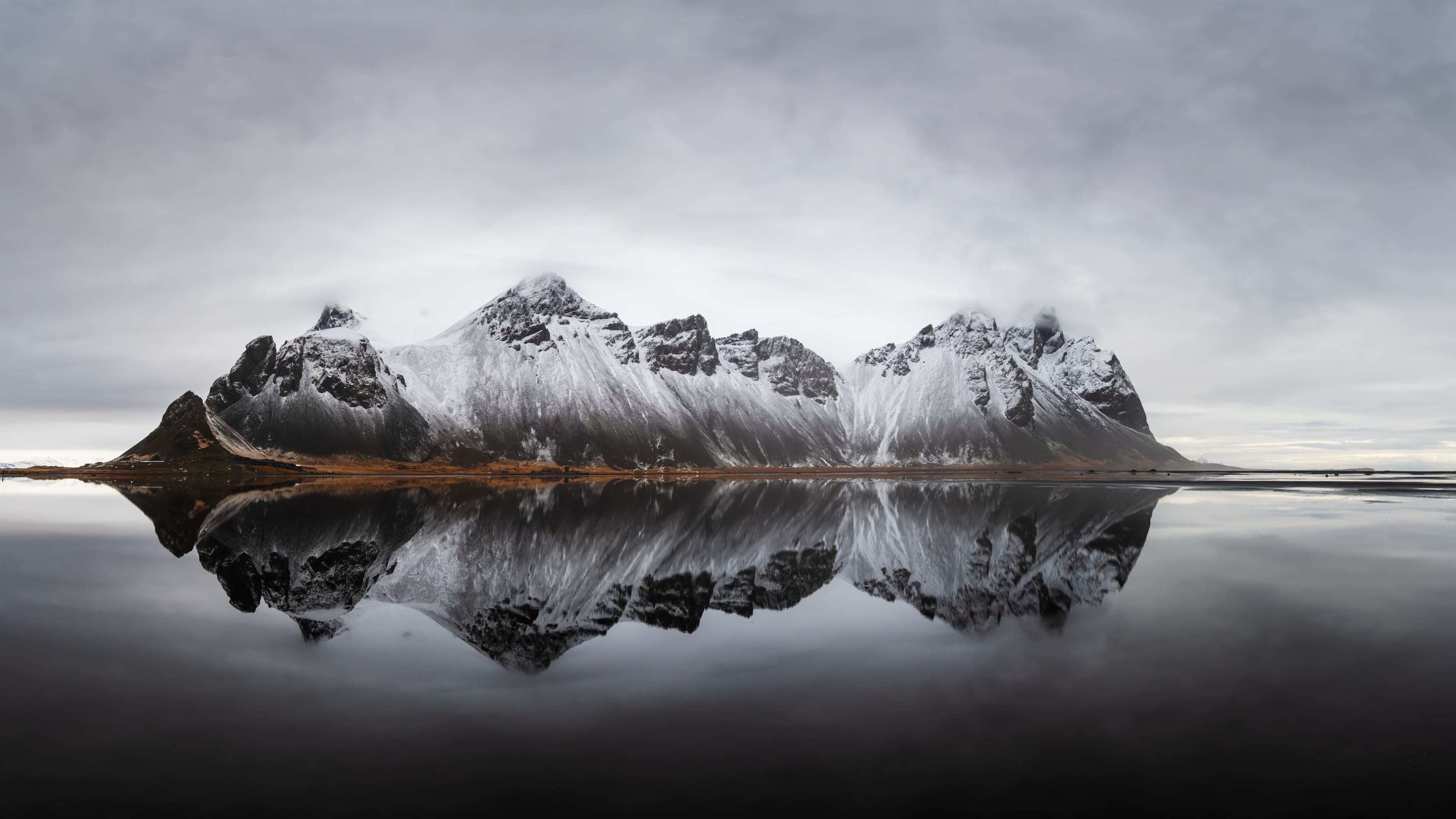 Snowy Mountains Reflected in Water at Stokksnes, Iceland 4K HD Wallpaper