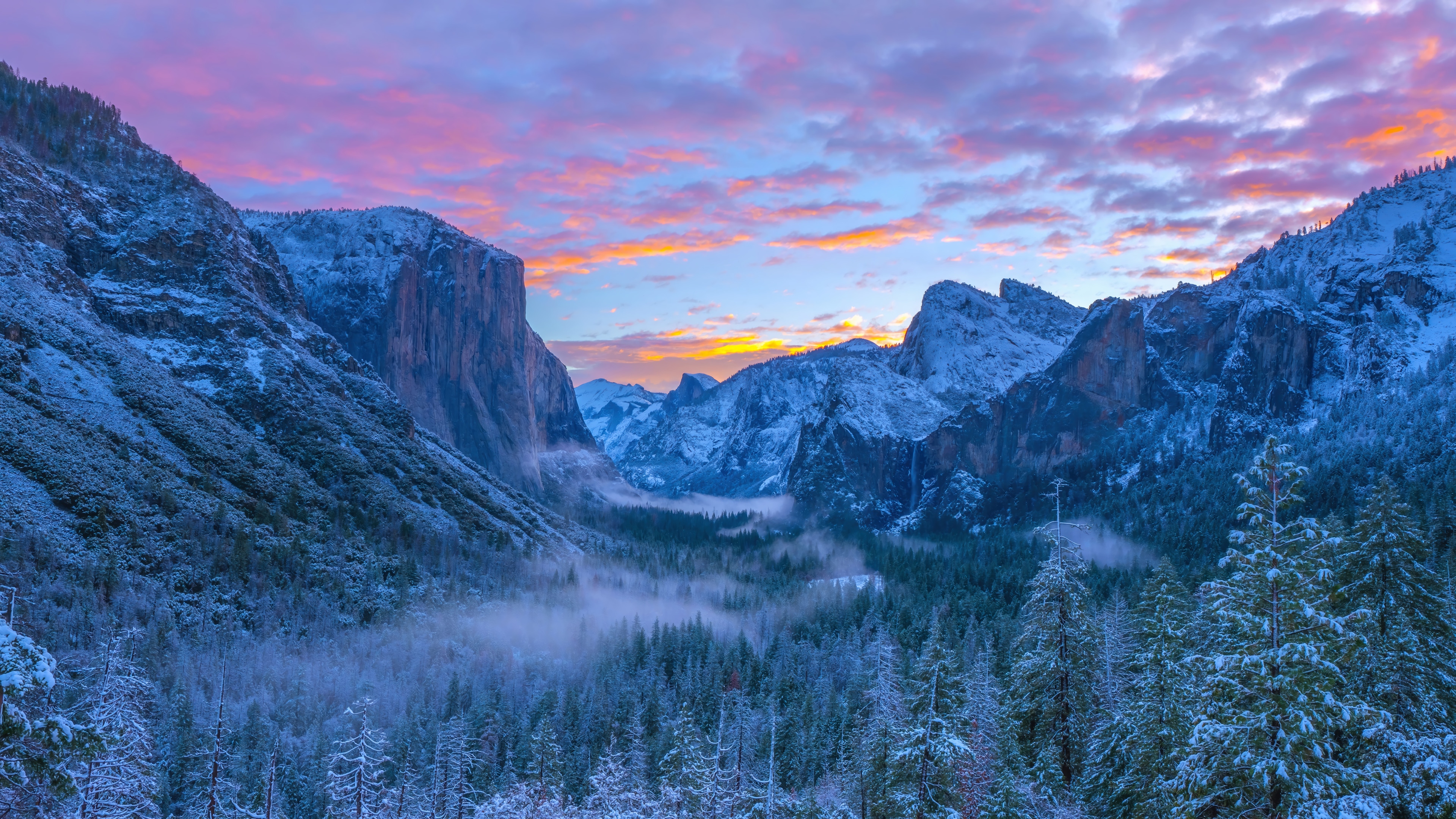 Snowy Yosemite Valley at Sunrise 4K HD Wallpaper