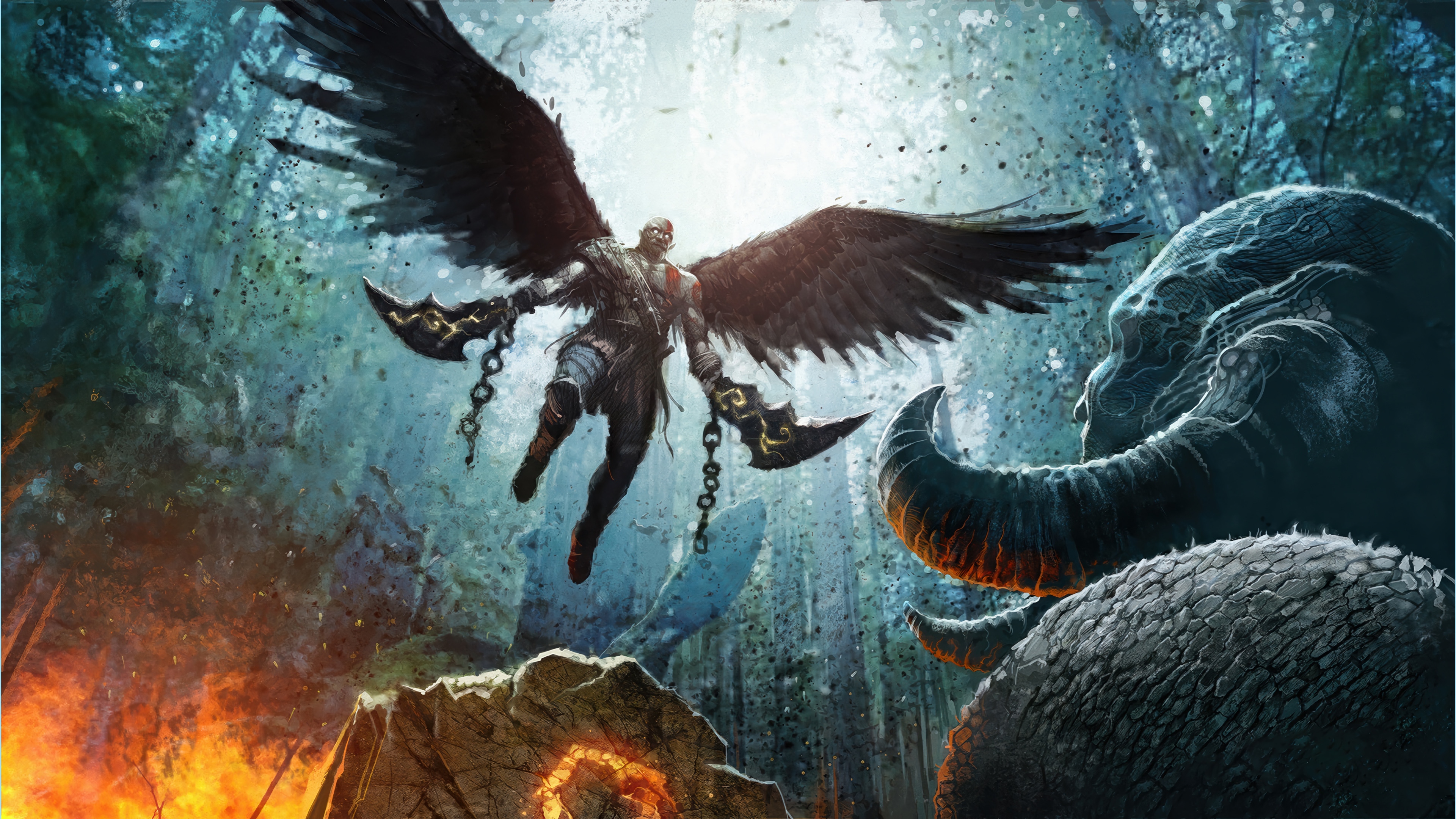 God of War Kratos with Wings and Blades HD Wallpaper