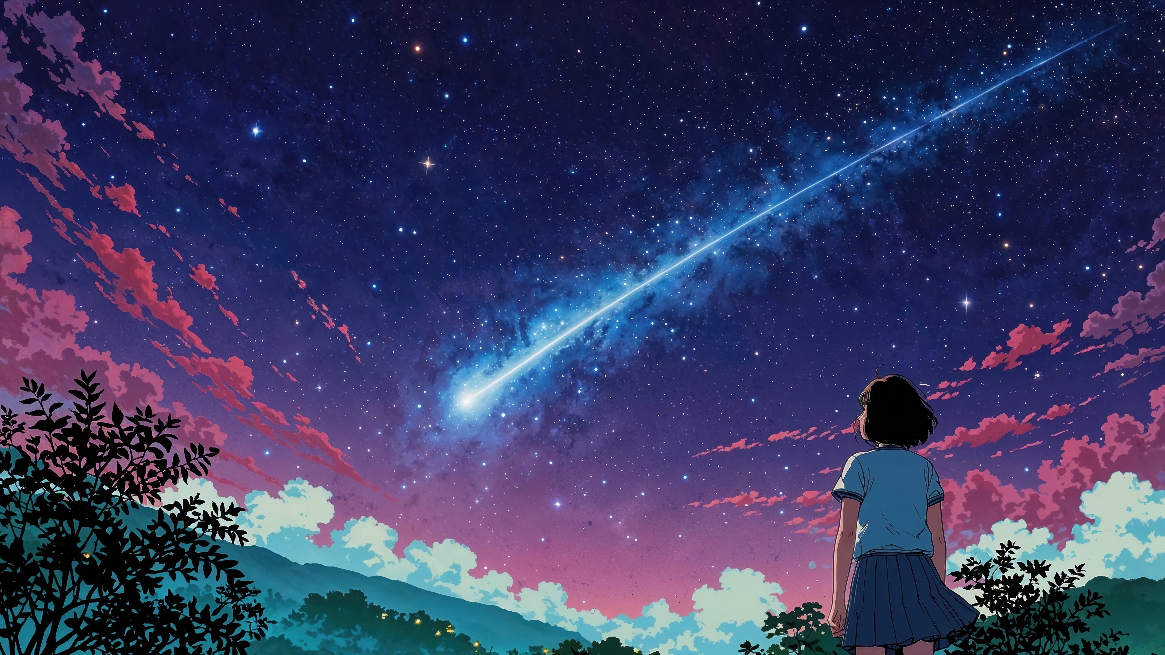 Anime Girl Watches a Shooting Star in the Night Sky 4K HD Wallpaper