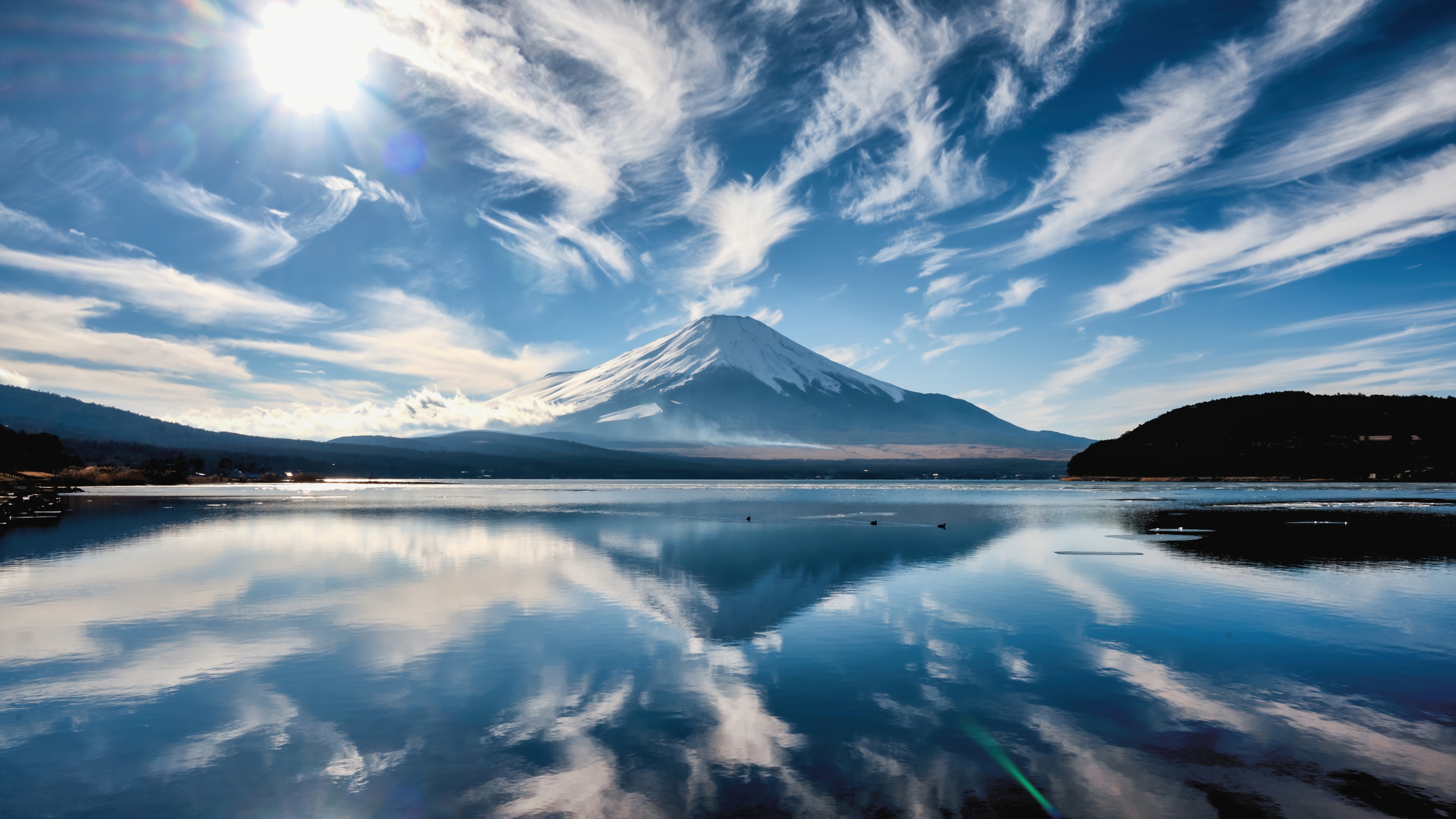 Mount Fuji Reflection on Lake with Wispy Clouds HD Wallpaper