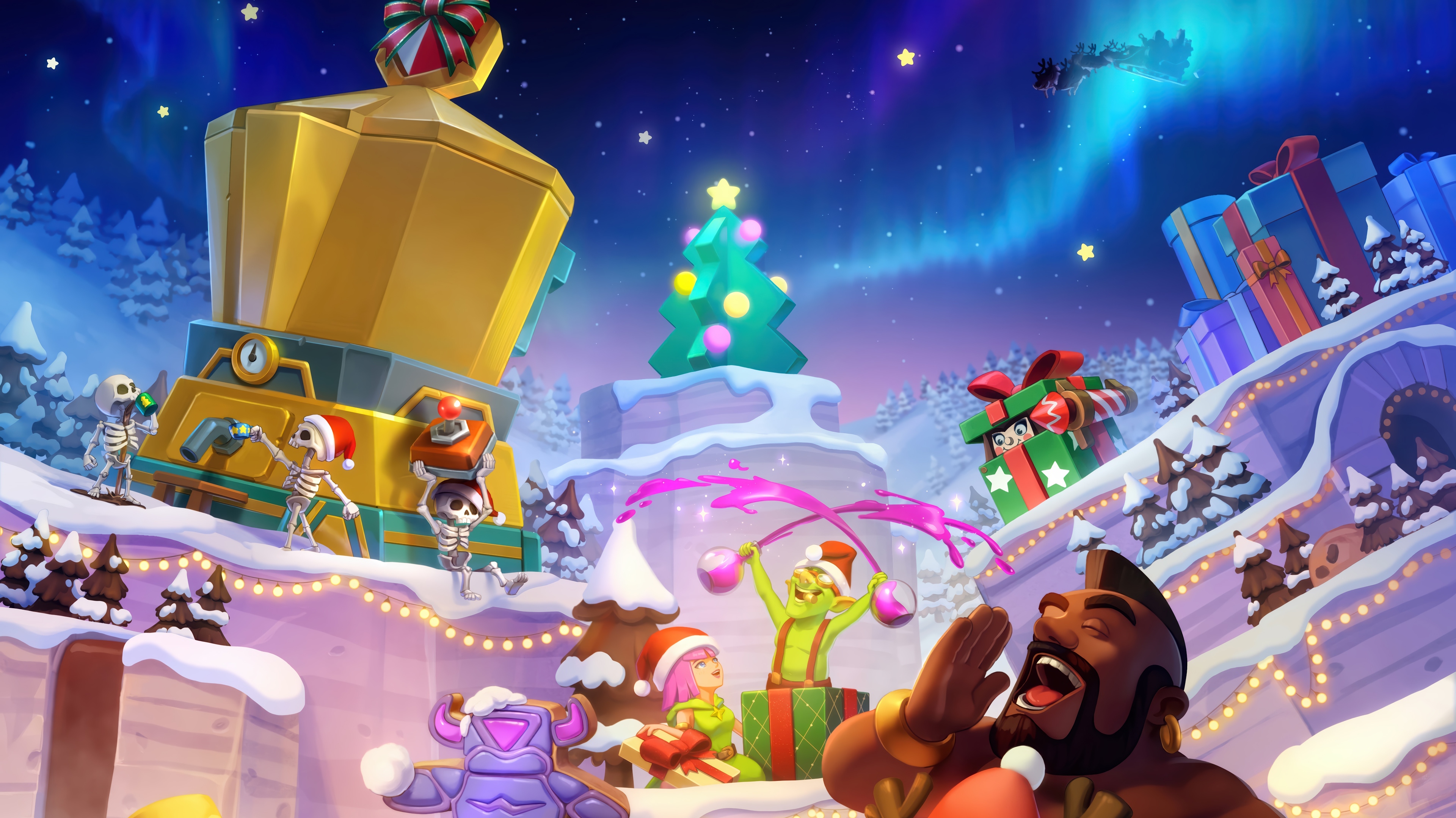 Clash of Clans Christmas Scene with Skeletons and Gifts HD Wallpaper