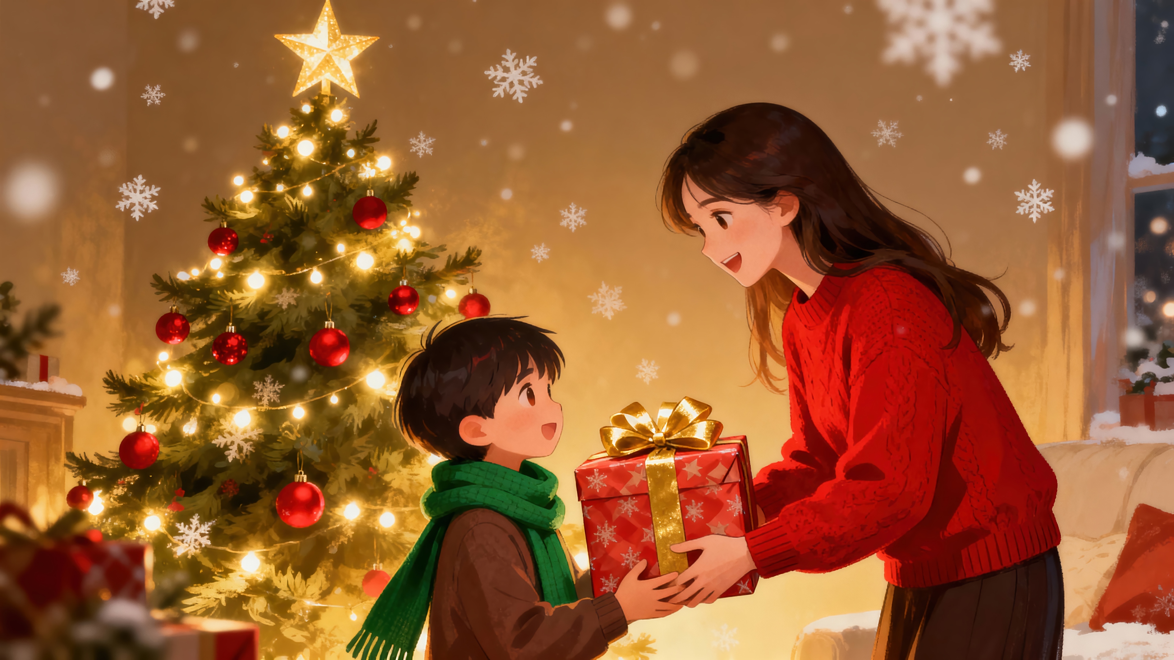 Mother and son exchanging gifts by Christmas tree HD Wallpaper