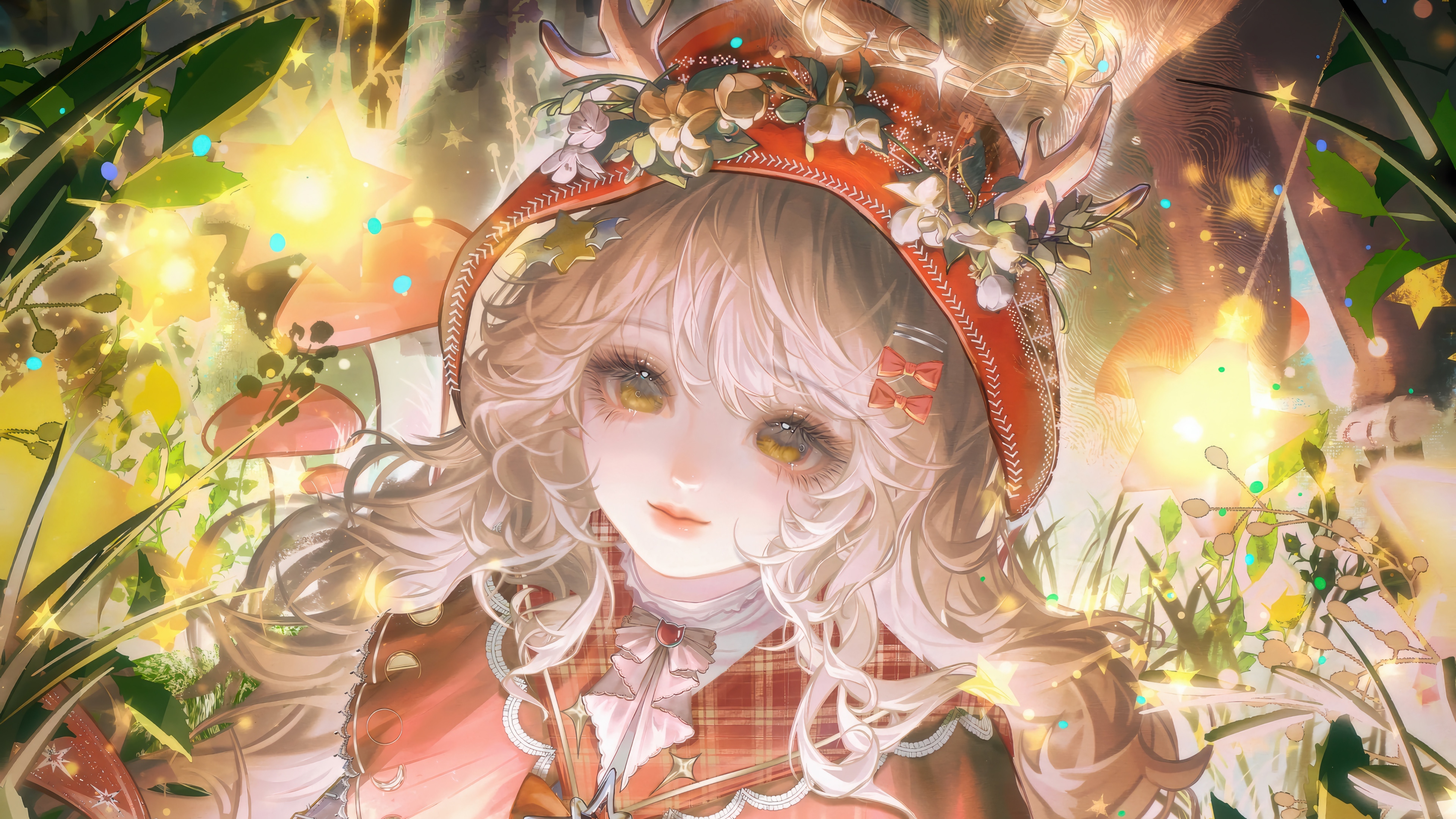 Anime Girl with Antlers and Flowers in Forest HD Wallpaper
