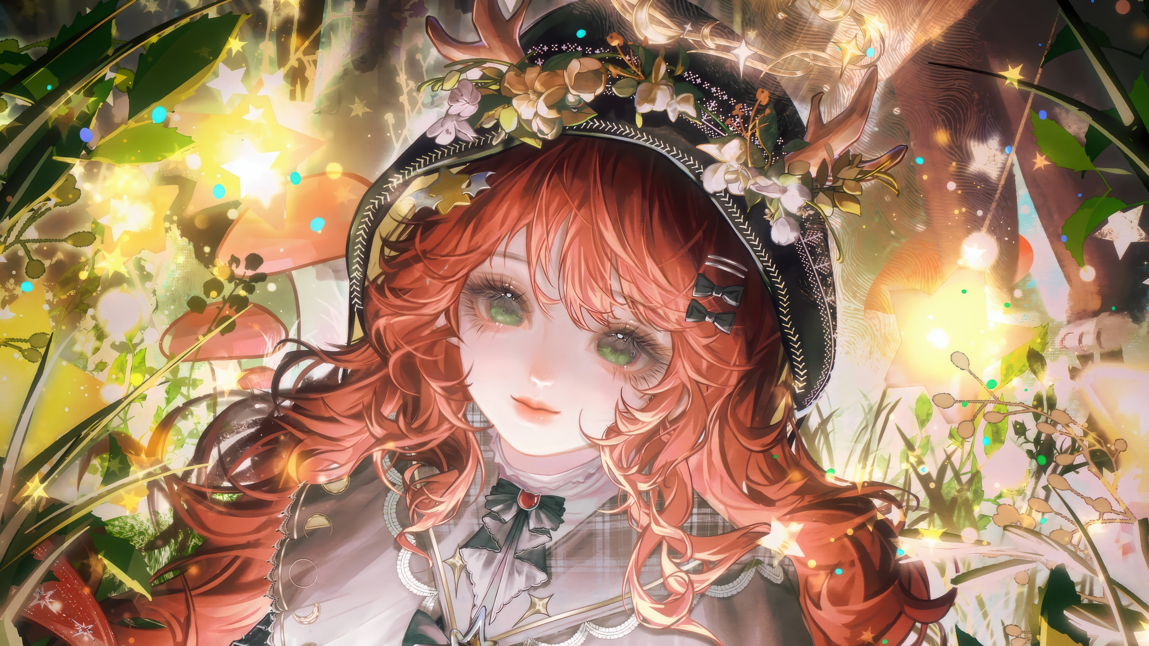 Anime Girl with Red Hair and Antlers in Forest HD Wallpaper