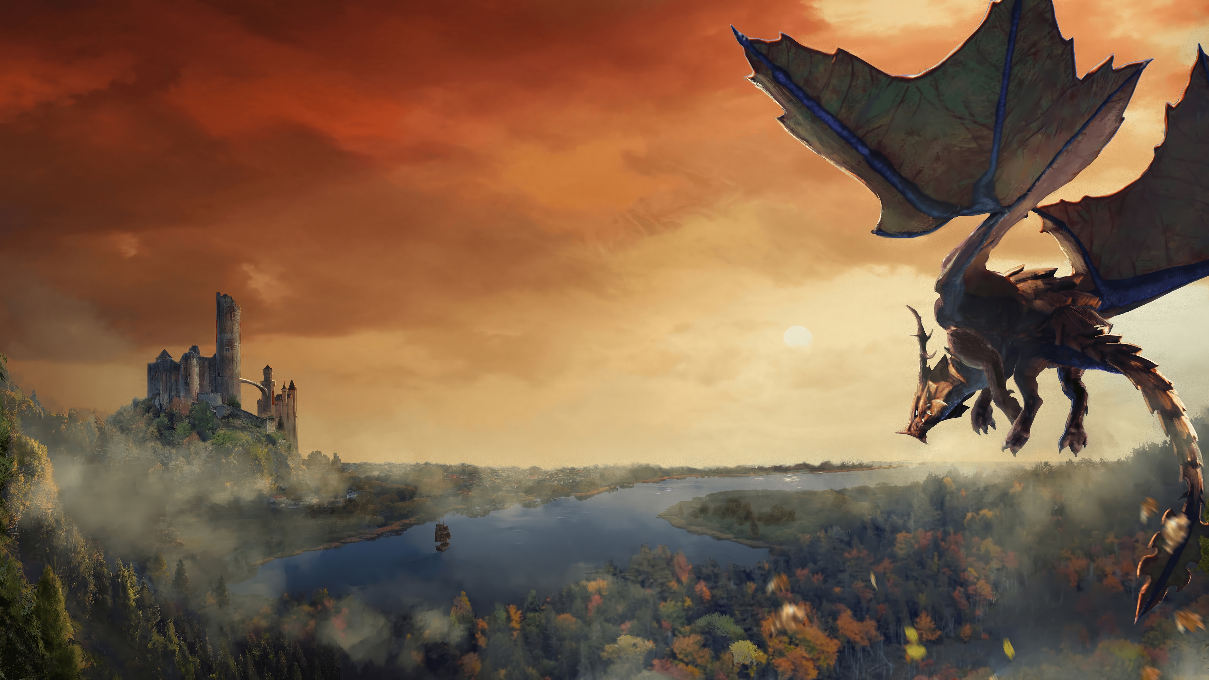 Ashes of Creation Dragon flying over a castle HD Wallpaper