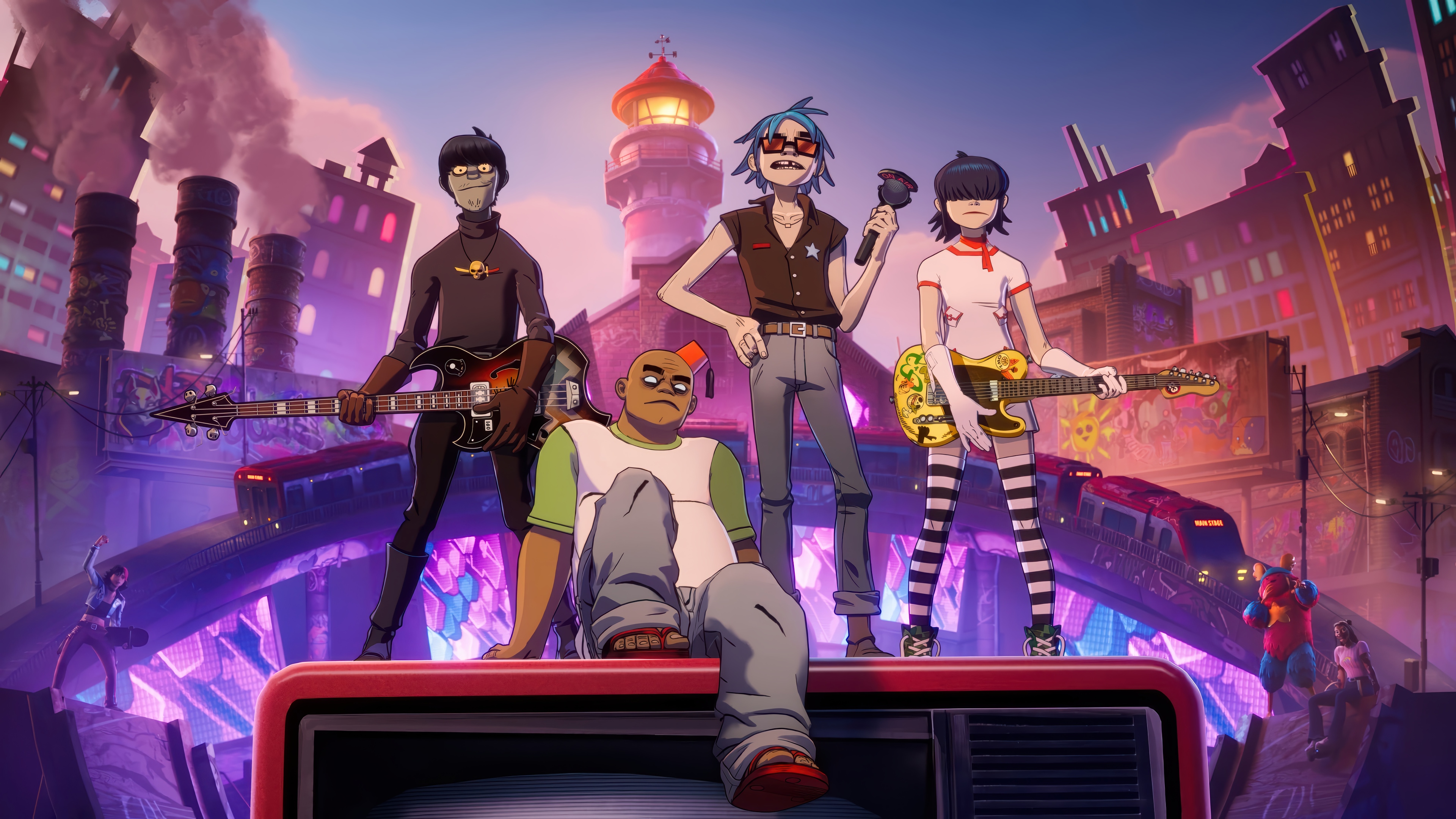 Gorillaz band members in a futuristic city HD Wallpaper