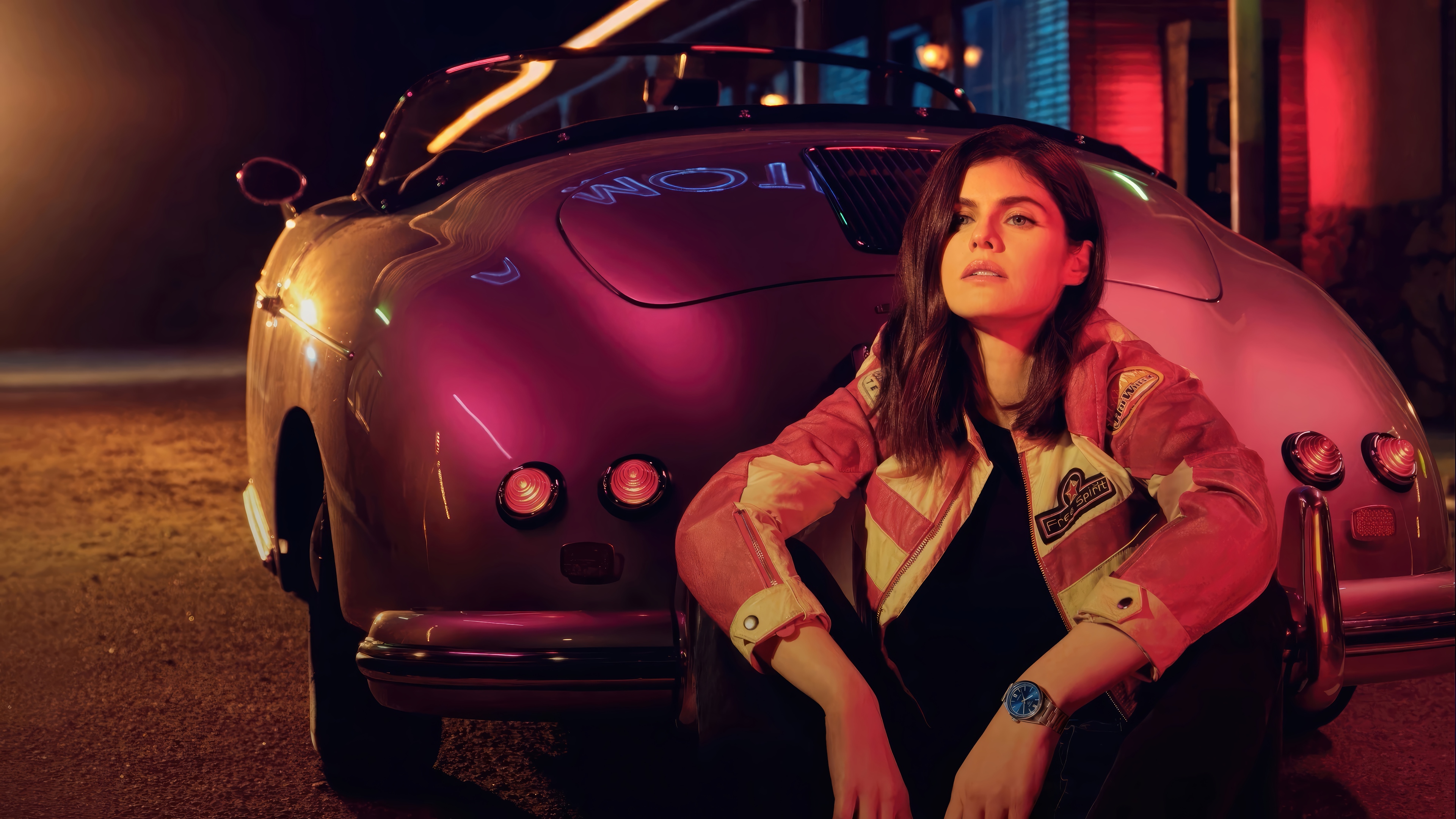 Alexandra Daddario Poses by a Vintage Car HD Wallpaper