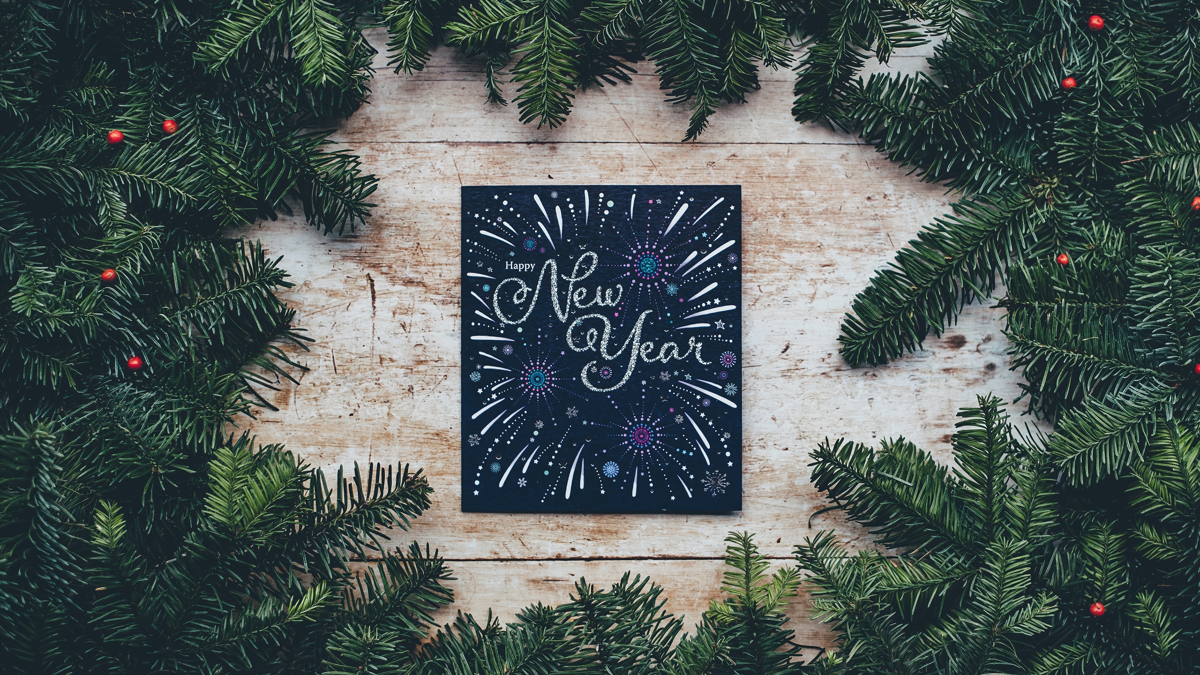 Happy New Year Card with Pine Branches HD Wallpaper